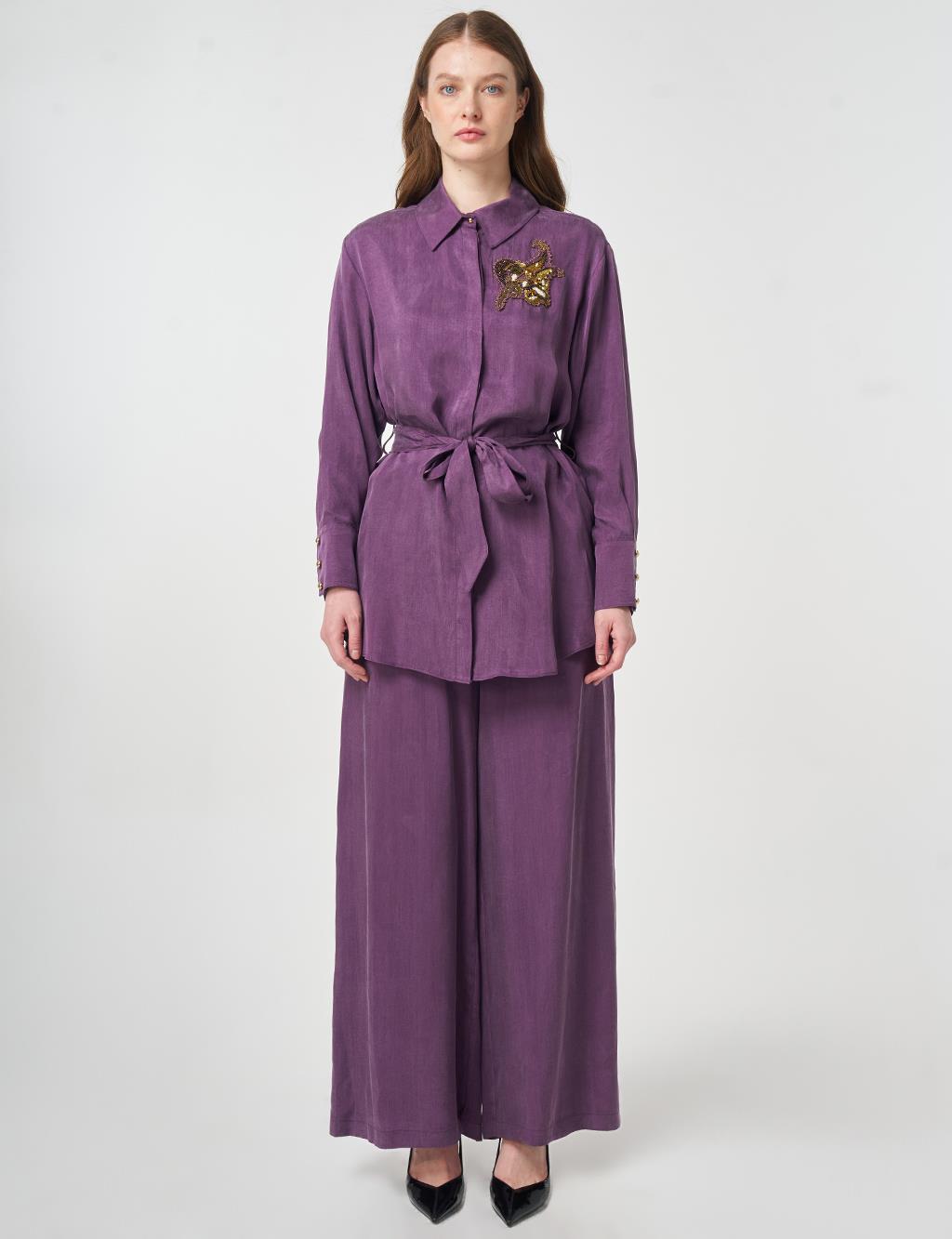 %100 Lyocell Nakış İşlemeli İkili Takım Patlıcan Moru