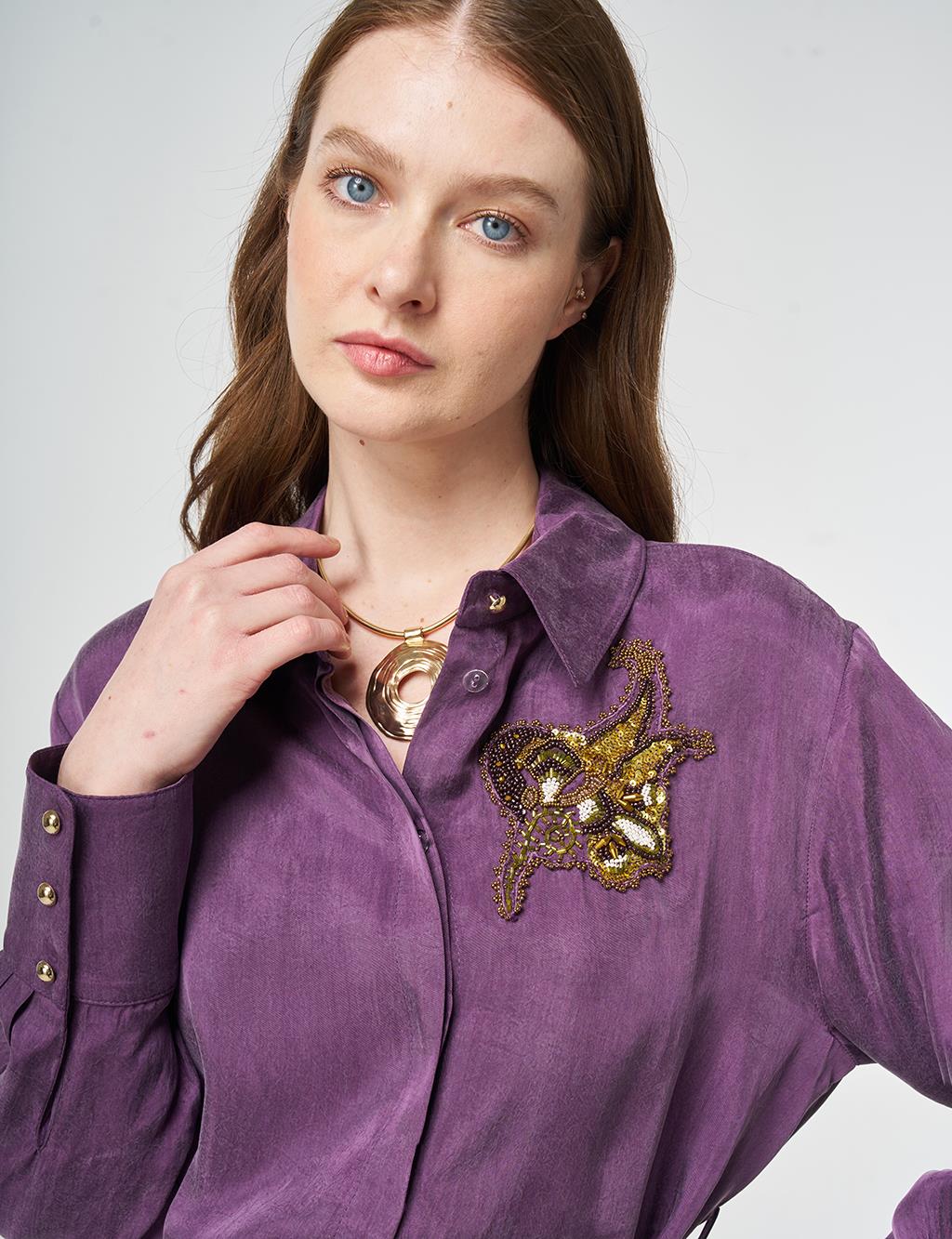 %100 Lyocell Nakış İşlemeli İkili Takım Patlıcan Moru