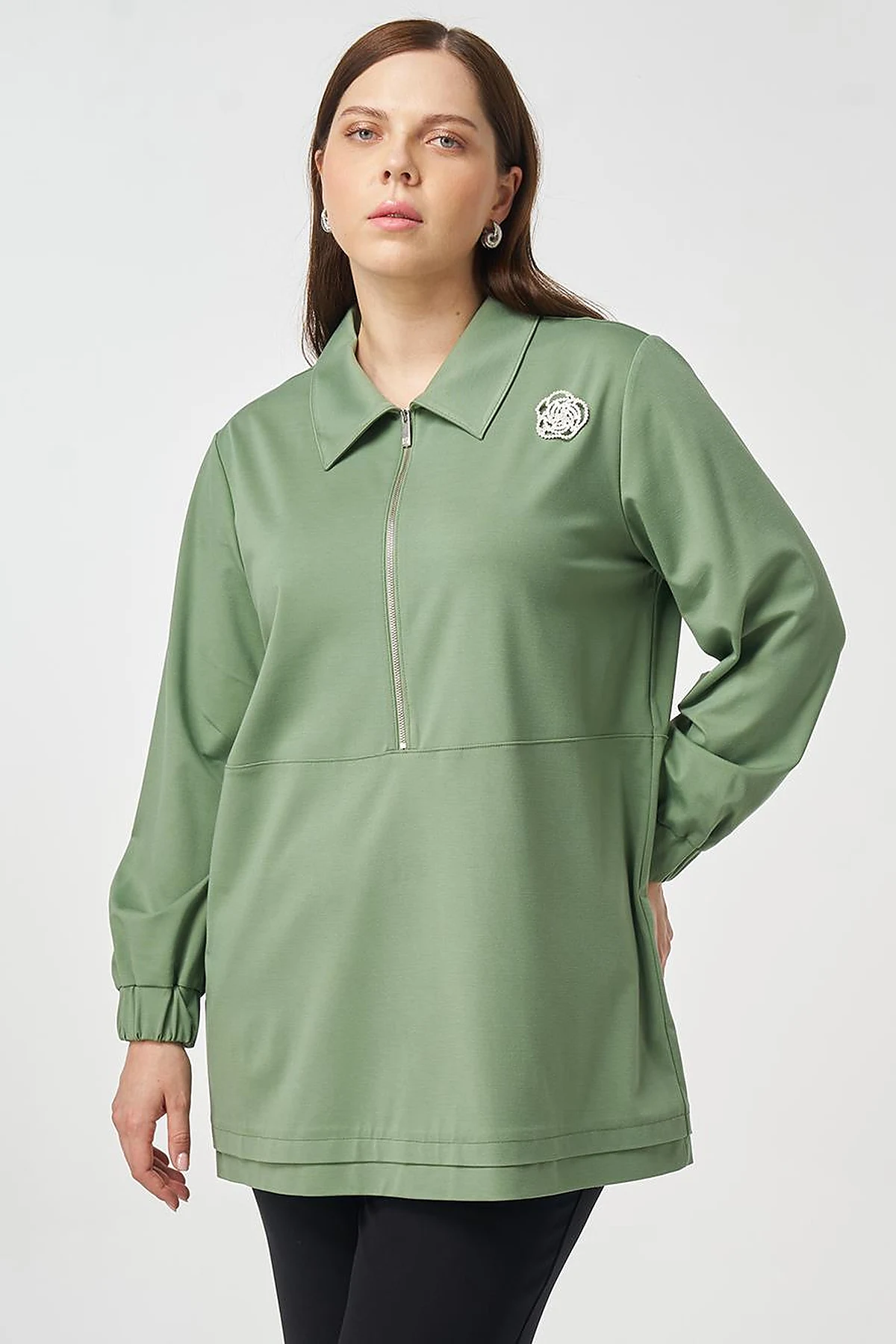 Fermuar Kapamalı Rayon Tunik Yosun Yeşili