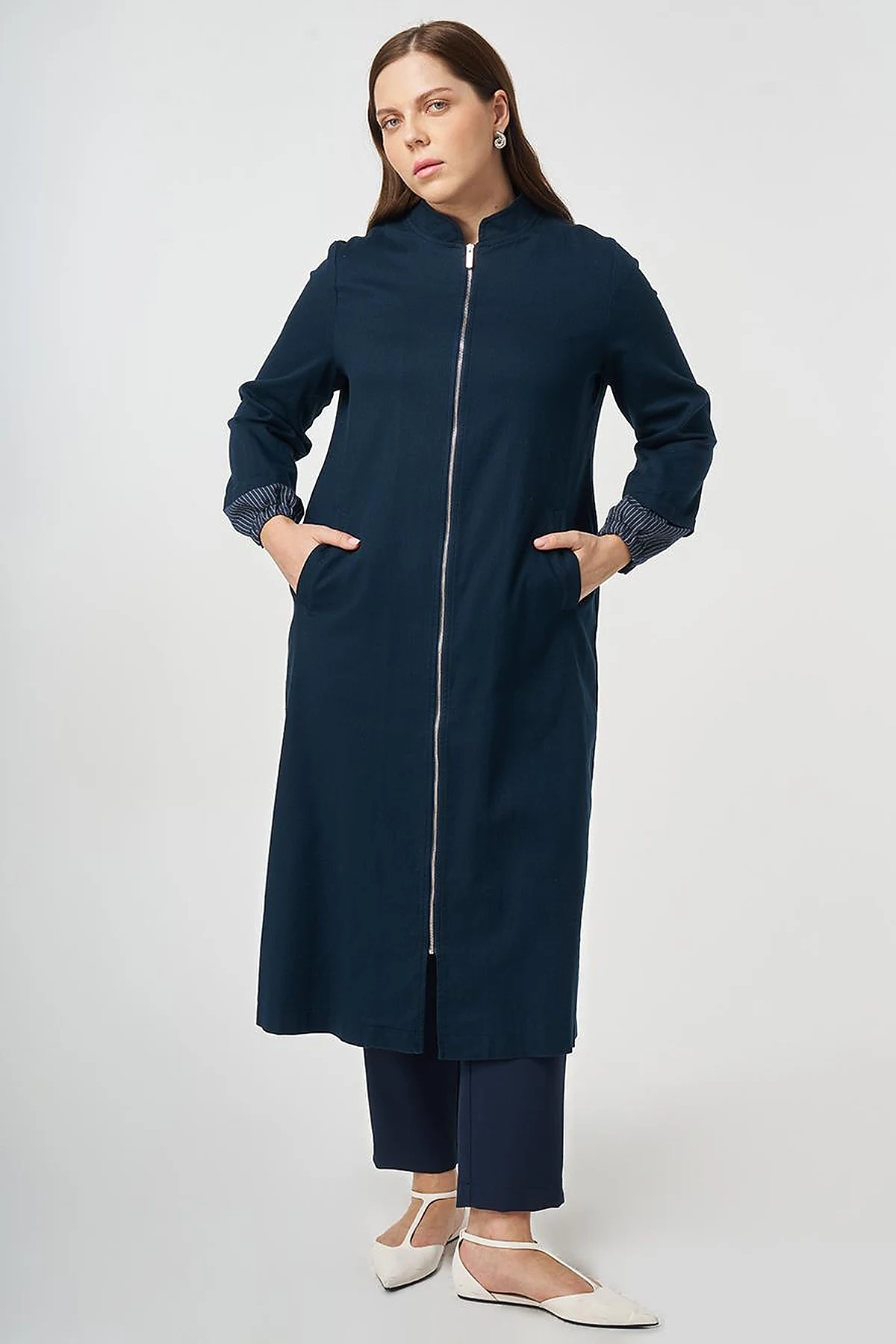 Stand-Collar Non-Denim Cape Dark Navy