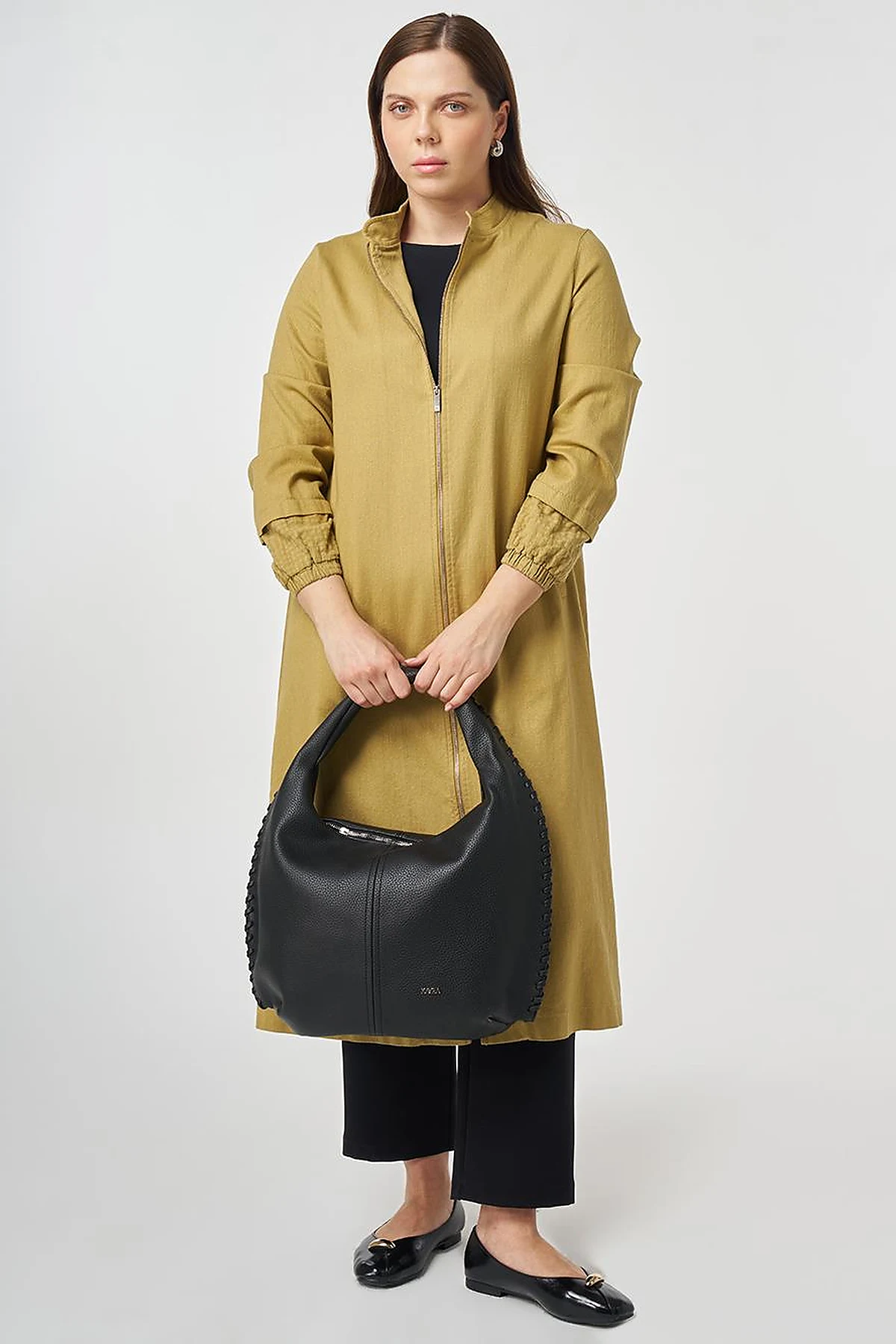 Stand-Collar Non-Denim Cape Olive Green