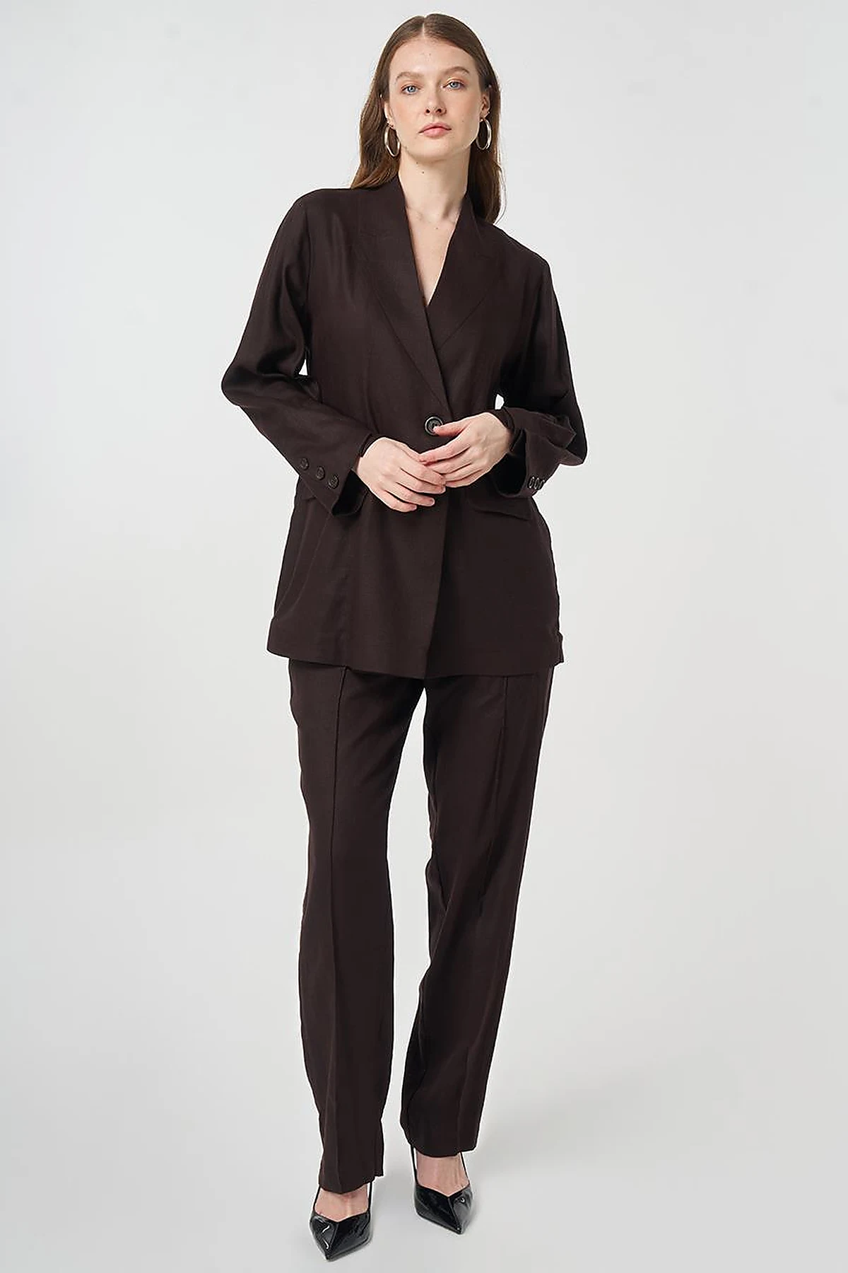 Lyocell Linen Two-Piece Set with Flap Pockets Dark Brown