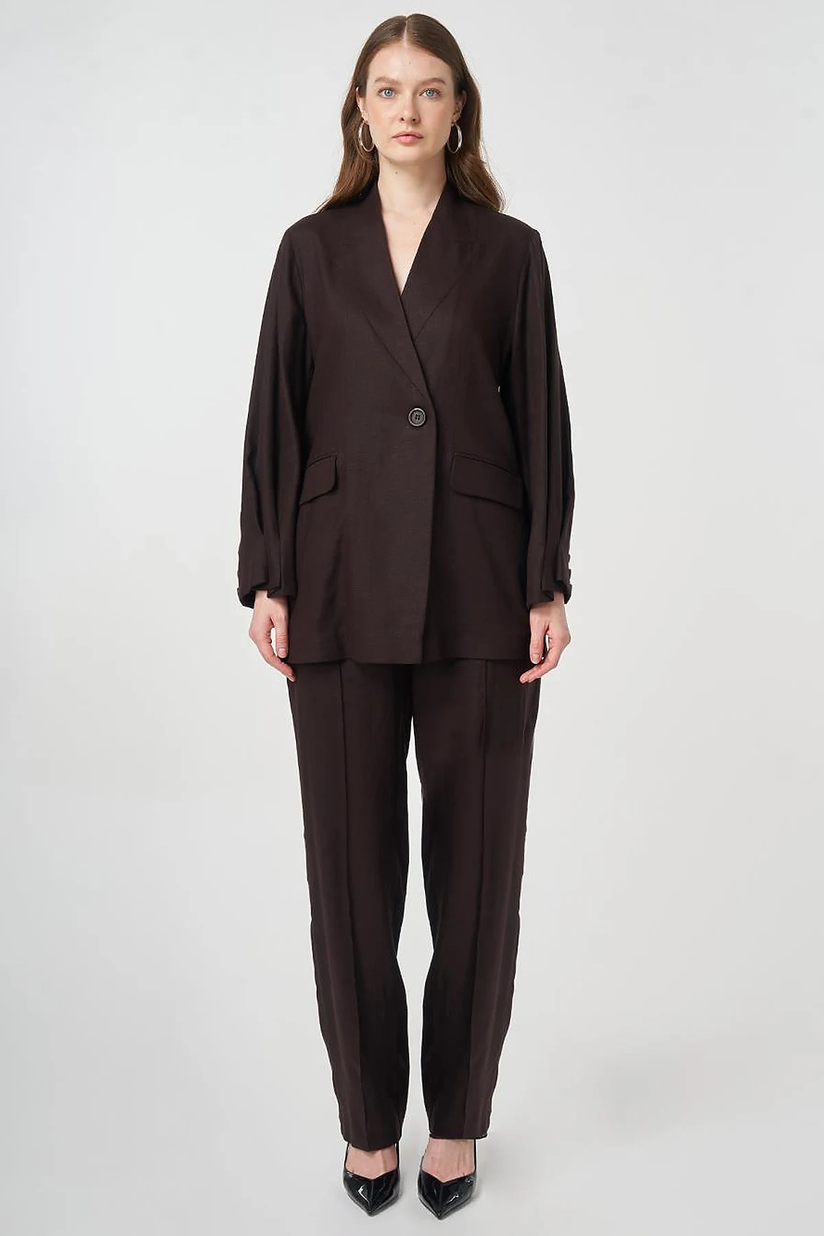 Lyocell Linen Two-Piece Set with Flap Pockets Dark Brown