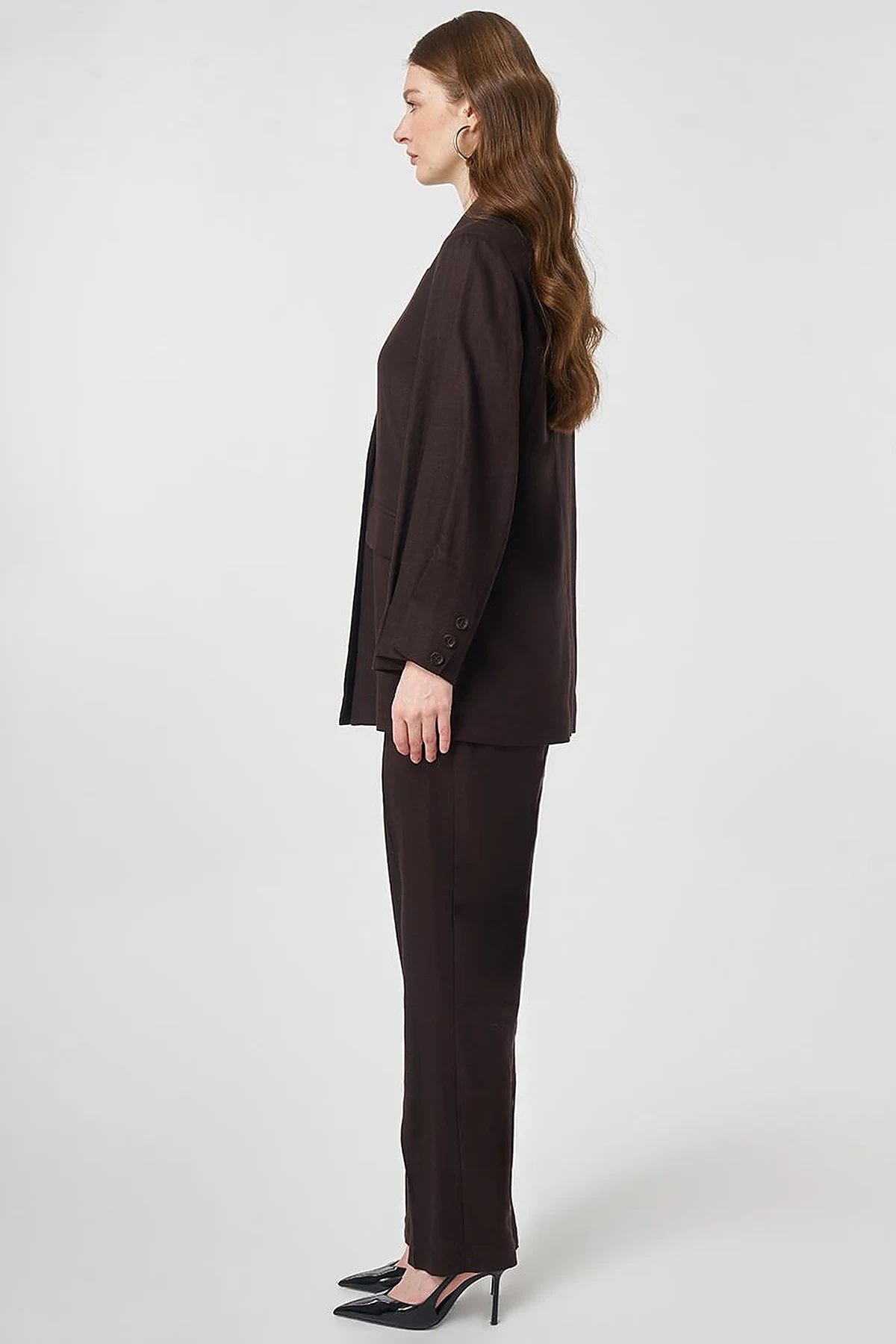 Lyocell Linen Two-Piece Set with Flap Pockets Dark Brown