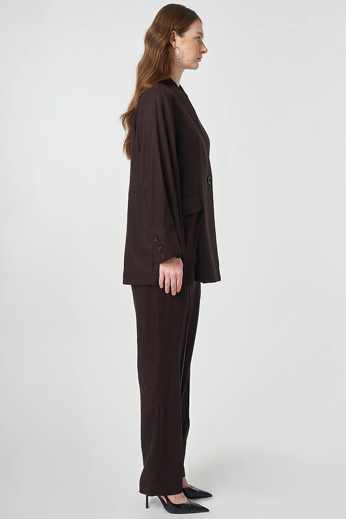 Lyocell Linen Two-Piece Set with Flap Pockets Dark Brown