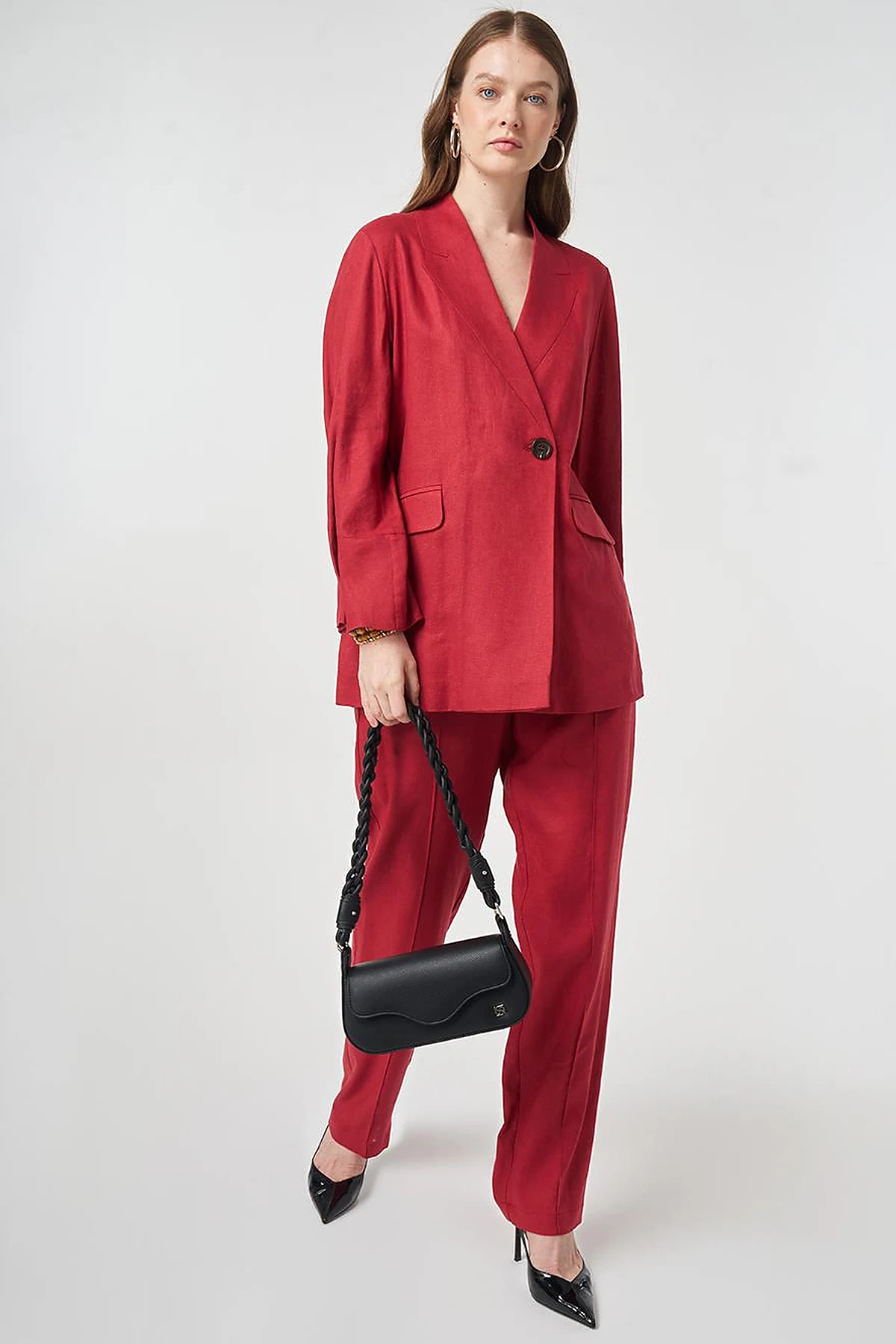 Lyocell Linen Two-Piece Set with Flap Pockets Ruby