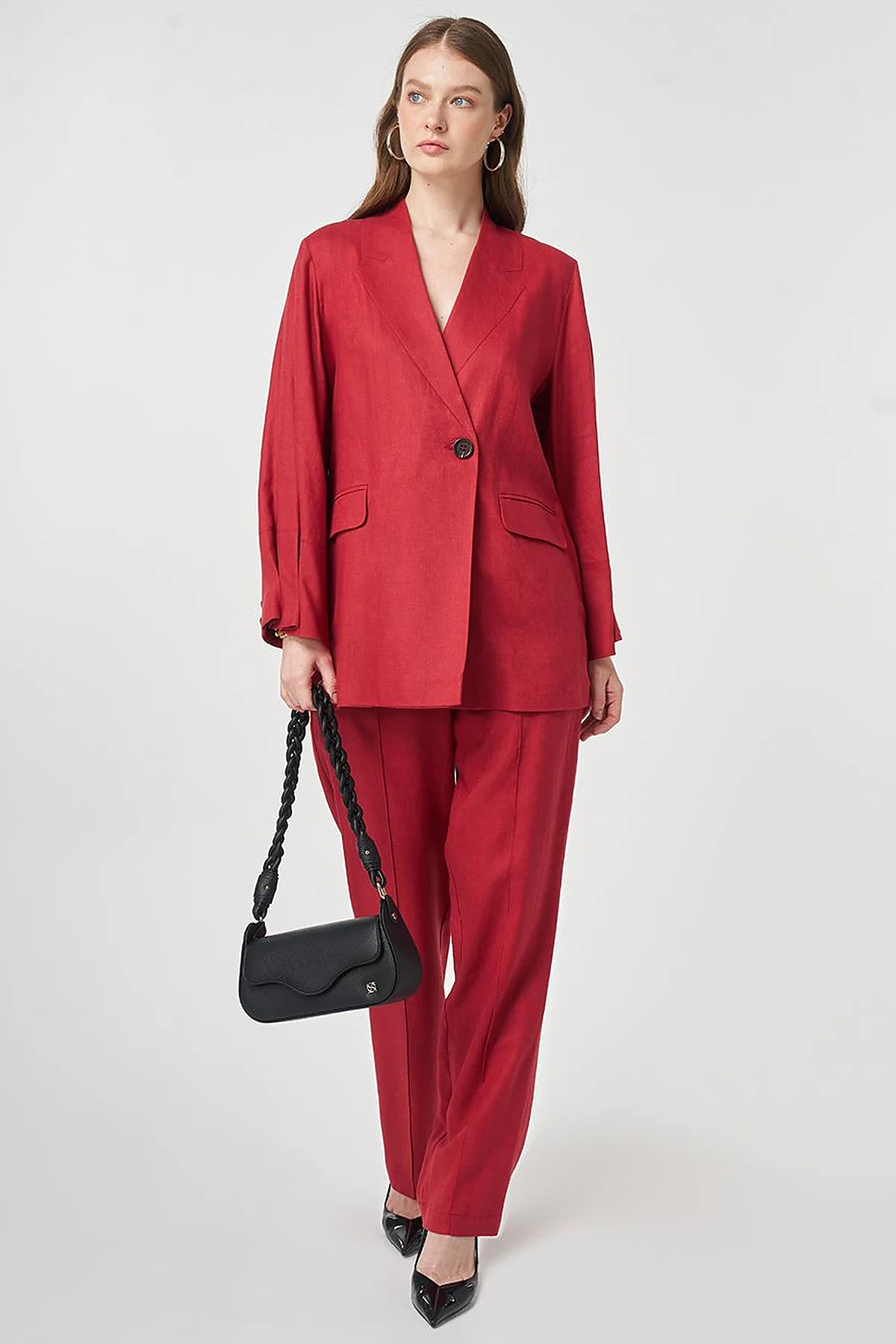 Lyocell Linen Two-Piece Set with Flap Pockets Ruby