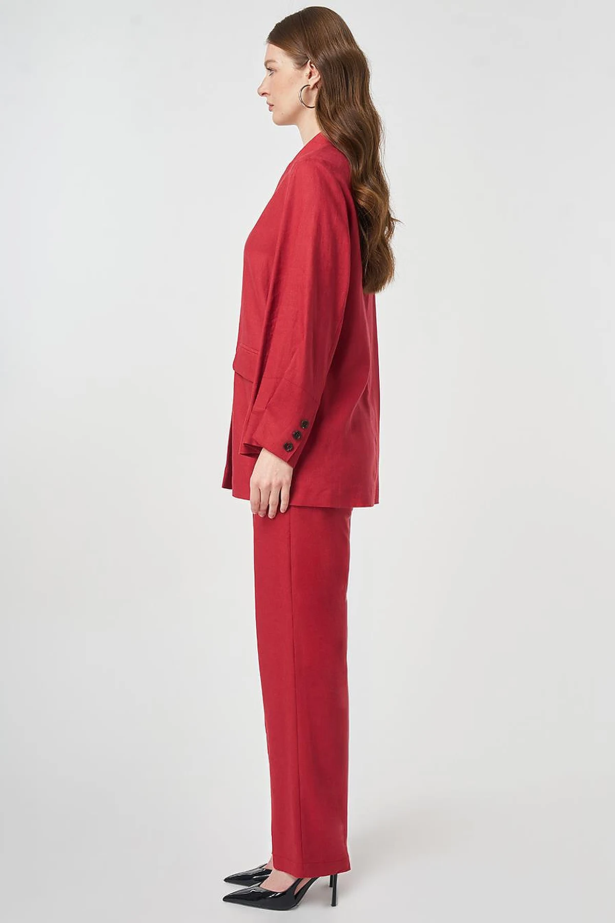 Lyocell Linen Two-Piece Set with Flap Pockets Ruby