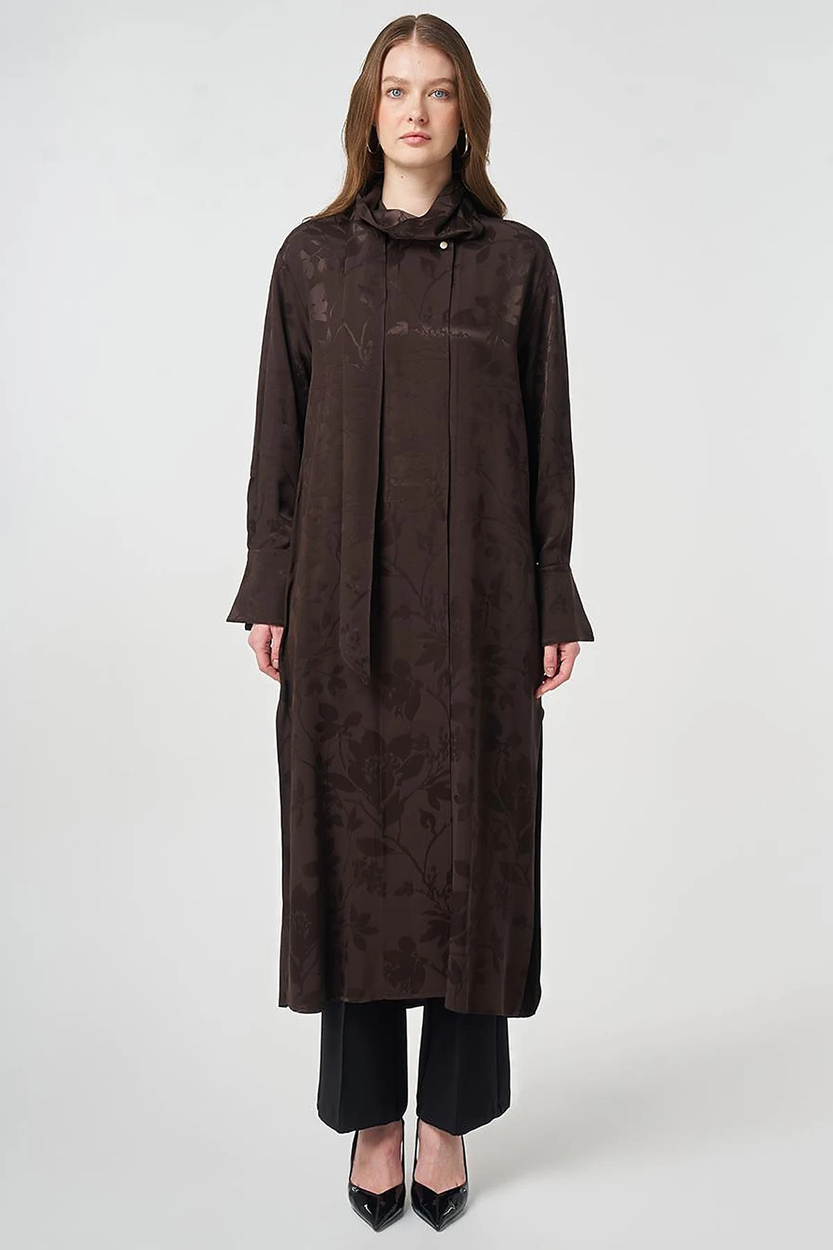 Shawl Collar Viscose Tunic Dark Brown