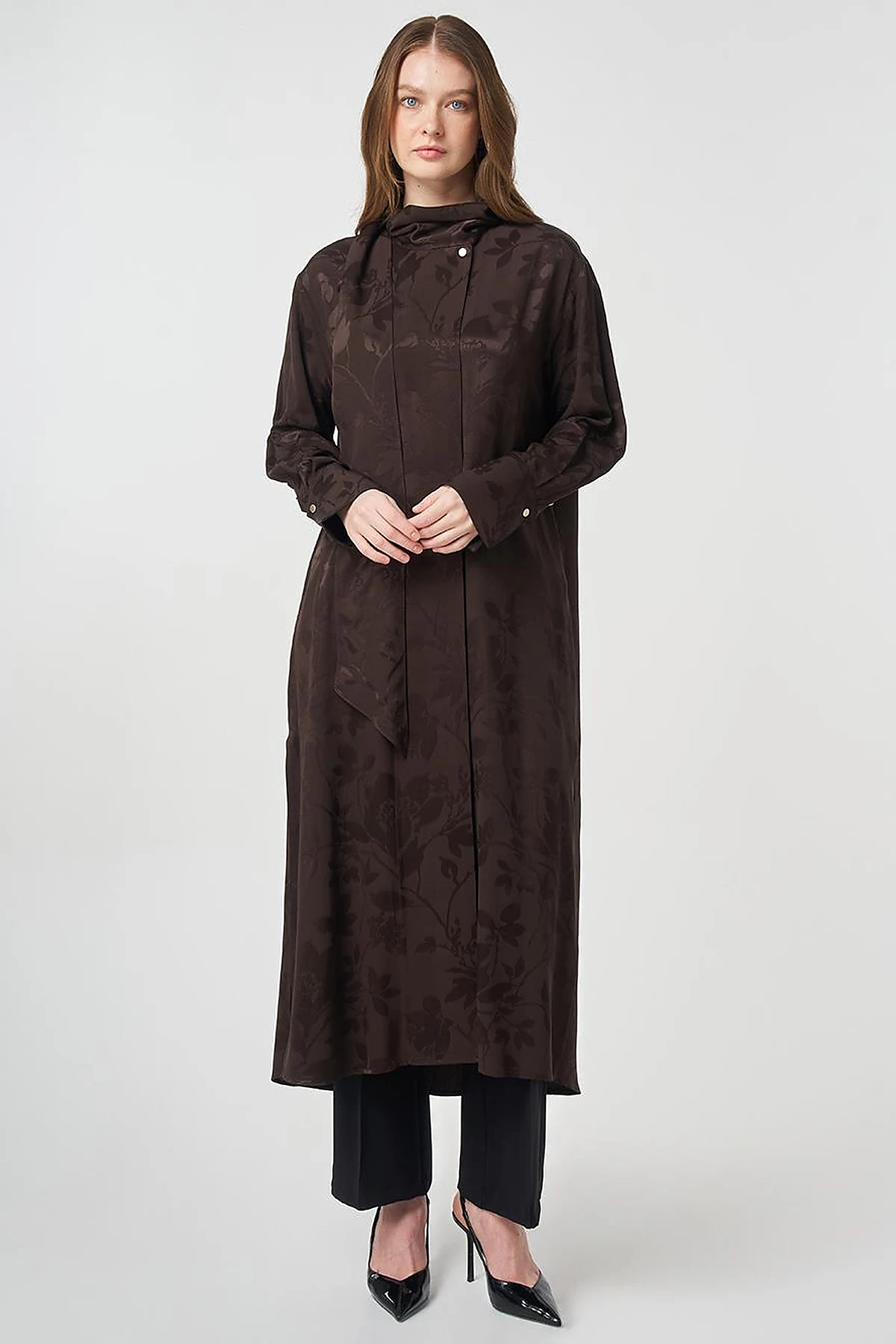 Shawl Collar Viscose Tunic Dark Brown