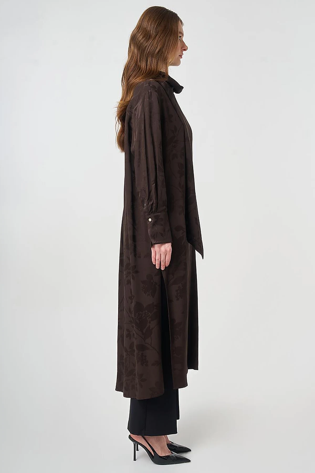 Shawl Collar Viscose Tunic Dark Brown