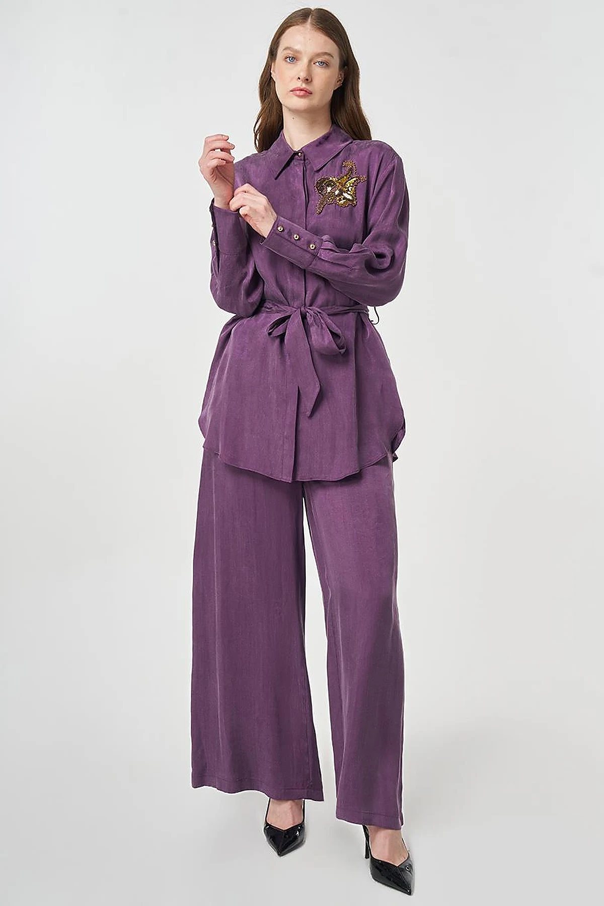 100% Lyocell Embroidered Two-Piece Set Eggplant Purple