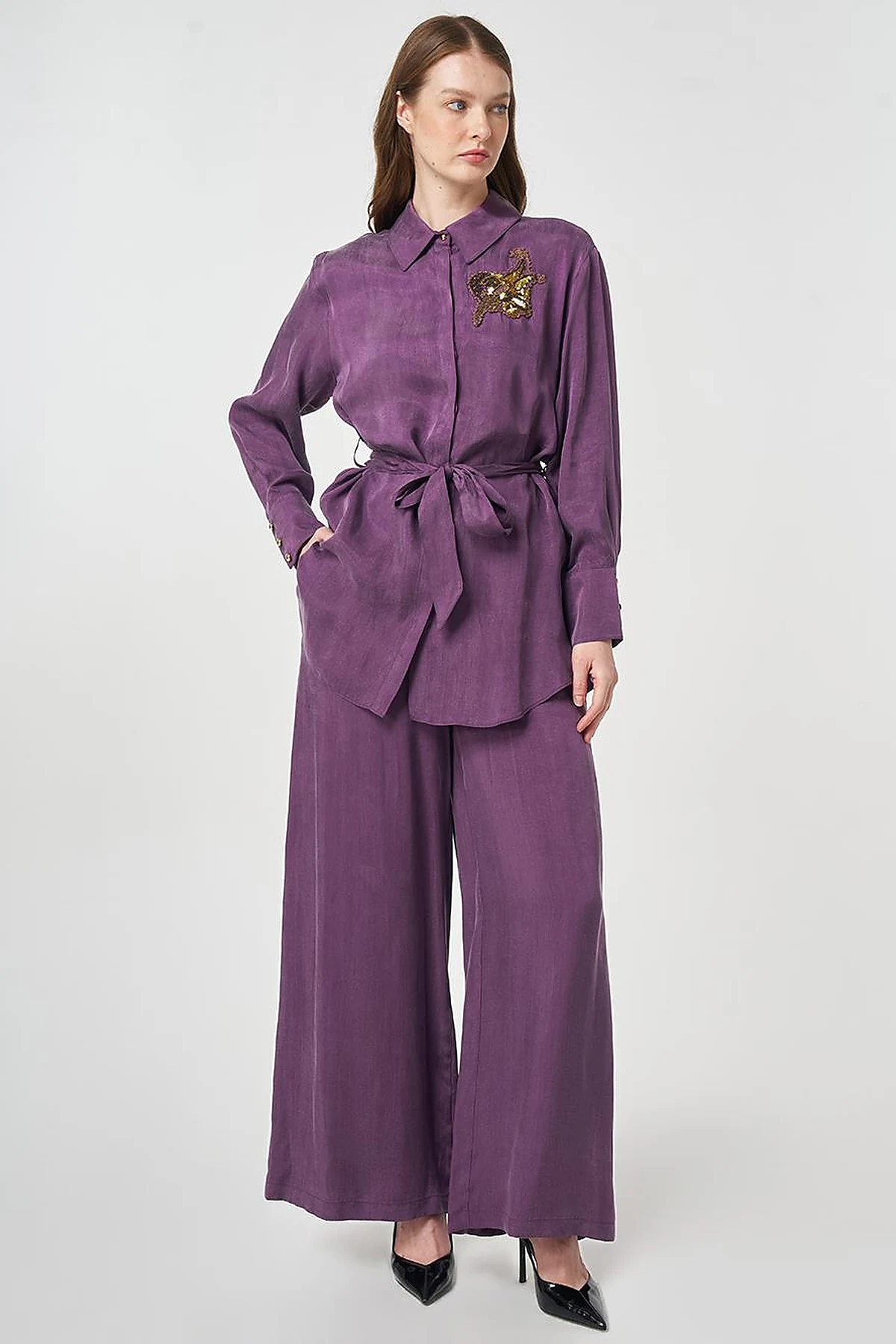 100% Lyocell Embroidered Two-Piece Set Eggplant Purple
