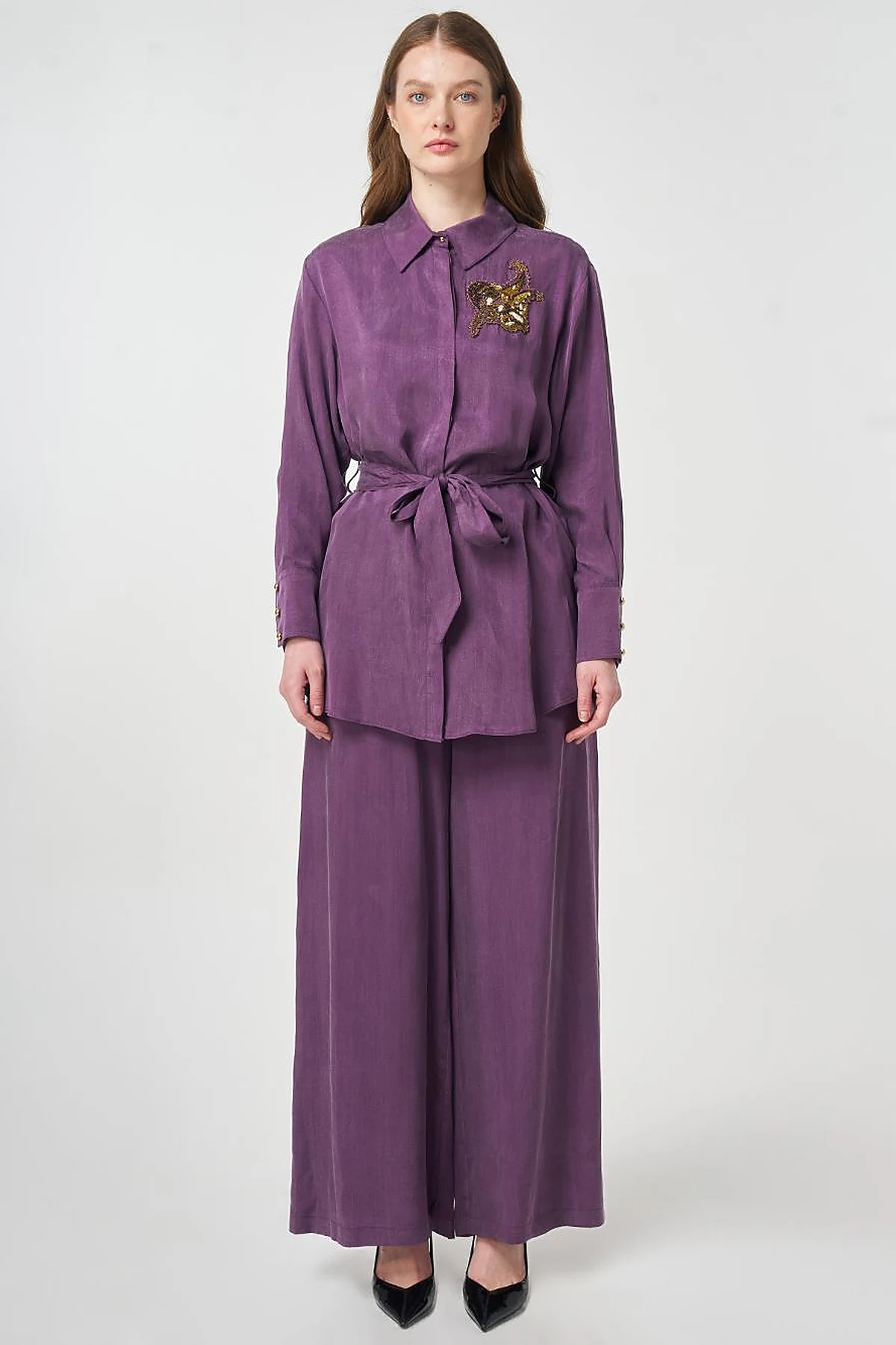 100% Lyocell Embroidered Two-Piece Set Eggplant Purple