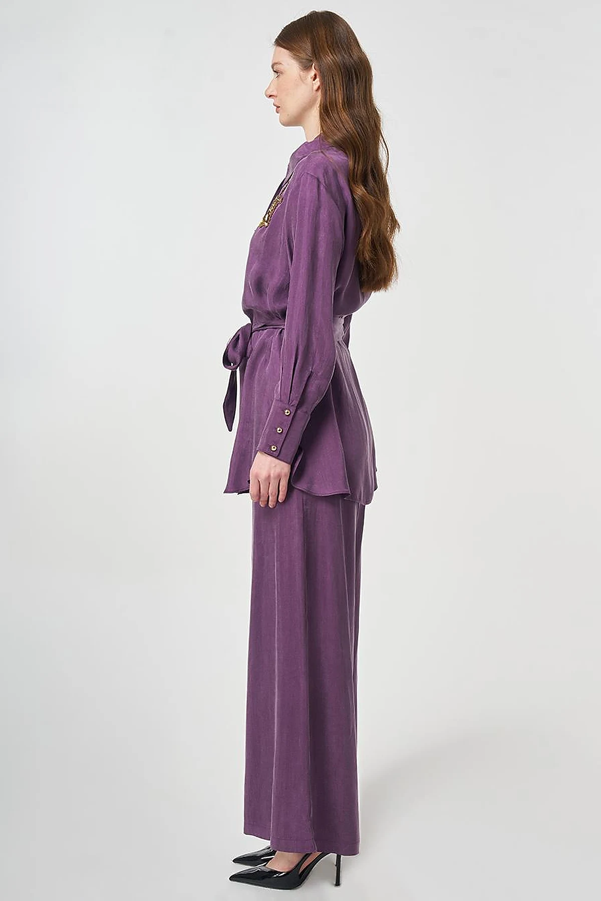 100% Lyocell Embroidered Two-Piece Set Eggplant Purple
