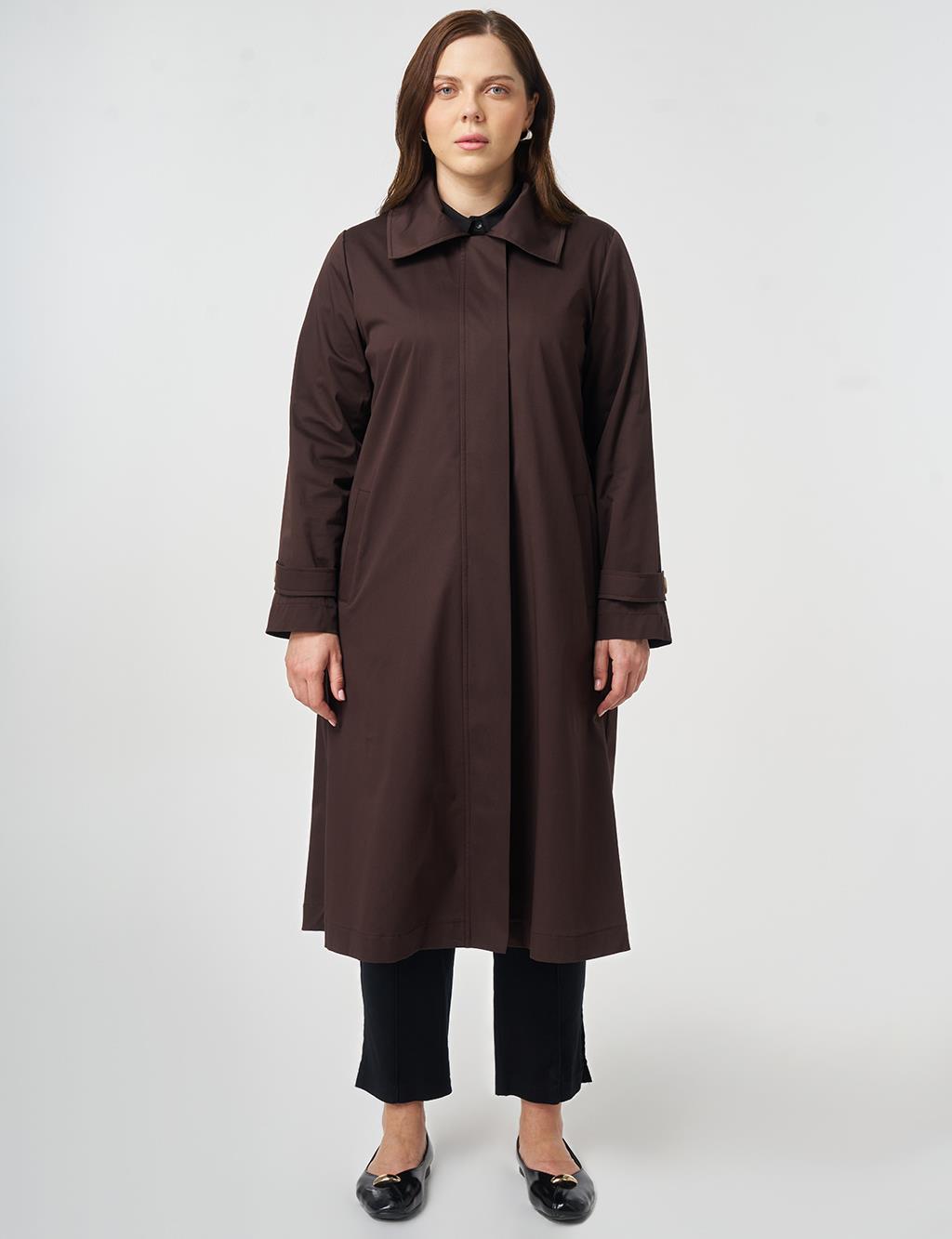 Geniş Yaka Trençkot Koyu Kahve 