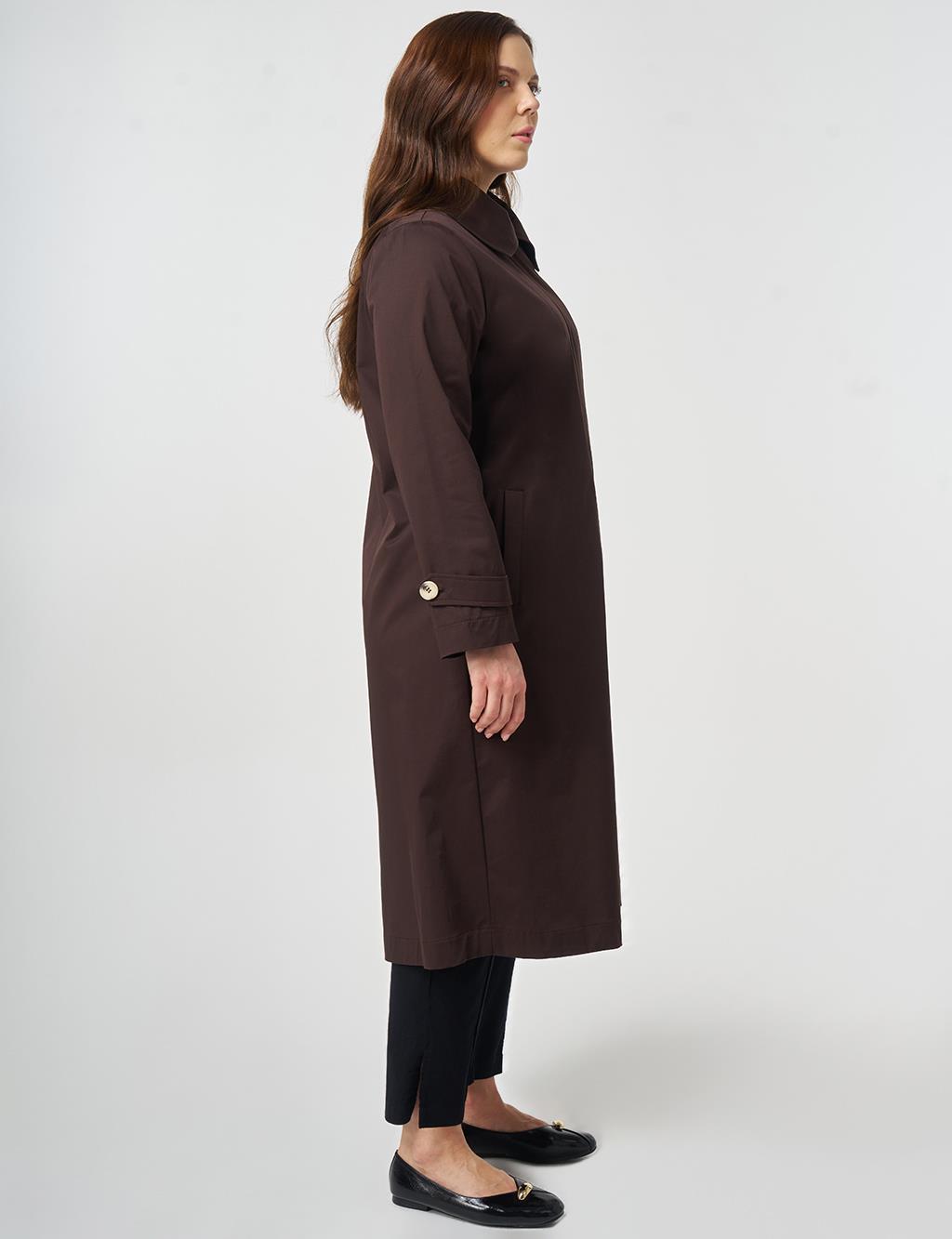 Geniş Yaka Trençkot Koyu Kahve 