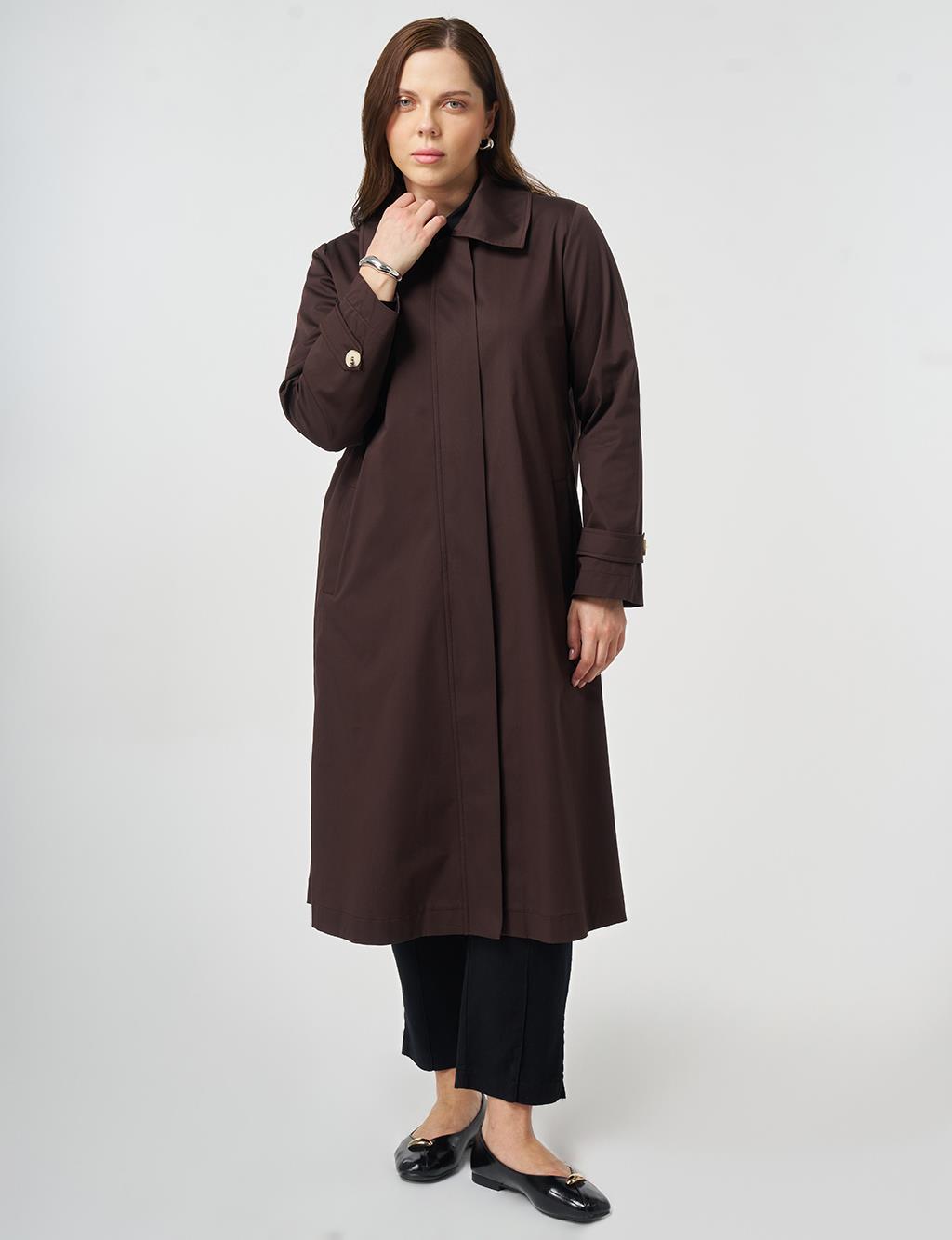 Geniş Yaka Trençkot Koyu Kahve 