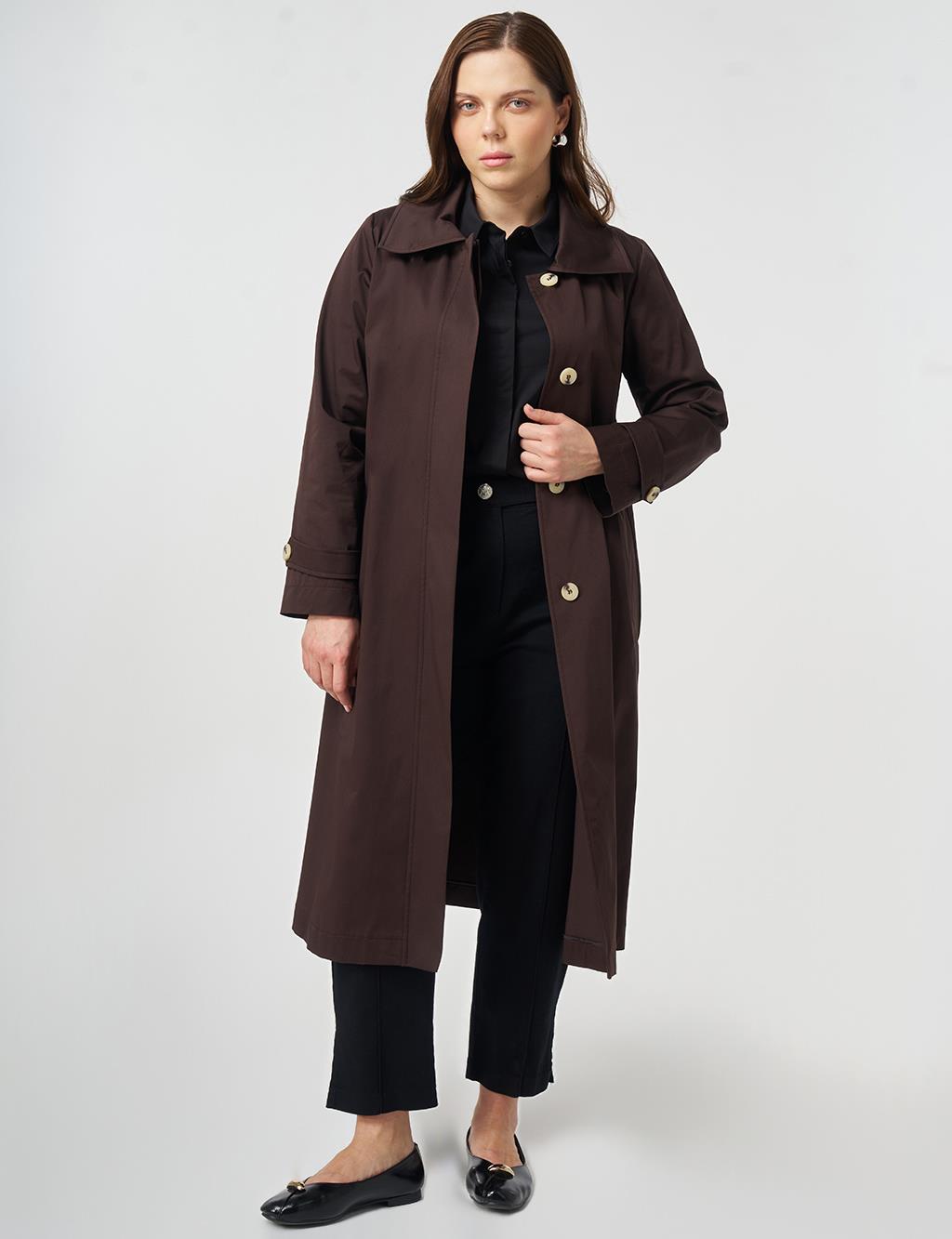 Geniş Yaka Trençkot Koyu Kahve 