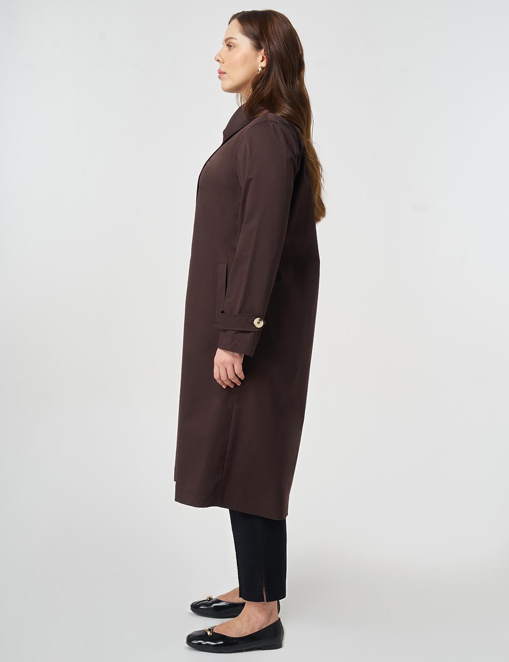 Geniş Yaka Trençkot Koyu Kahve 