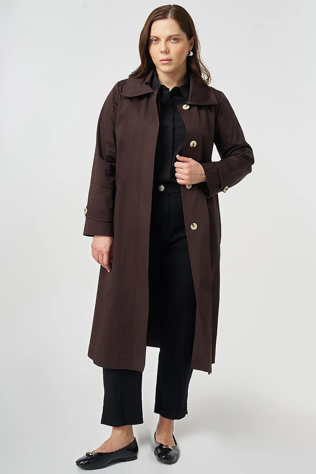 Wide Collar Trench Coat Dark Brown