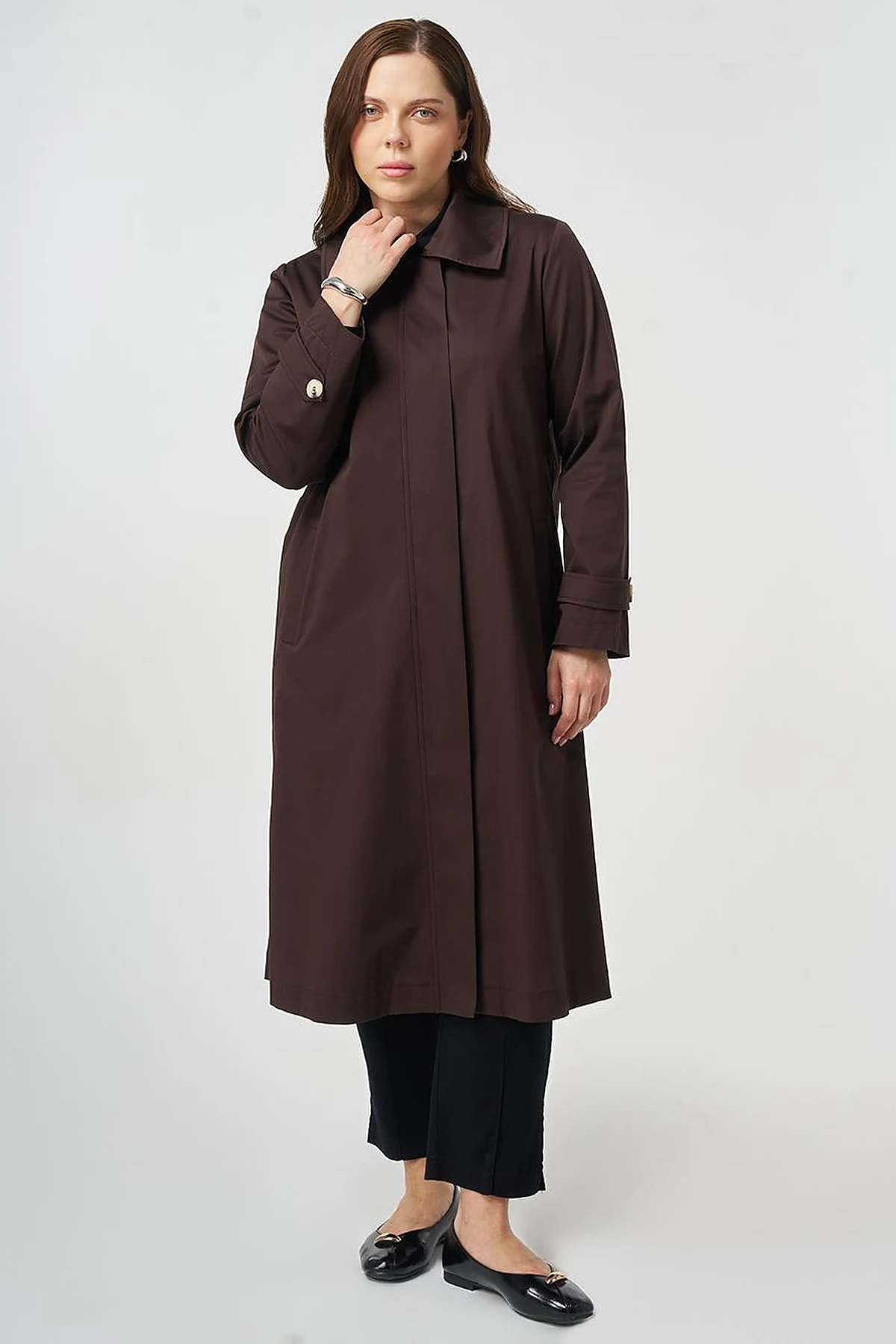 Wide Collar Trench Coat Dark Brown