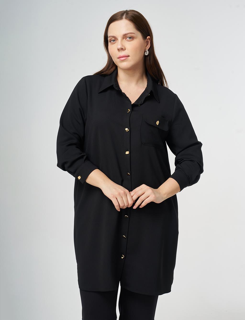 Long Tunic with Gold Buttons Black