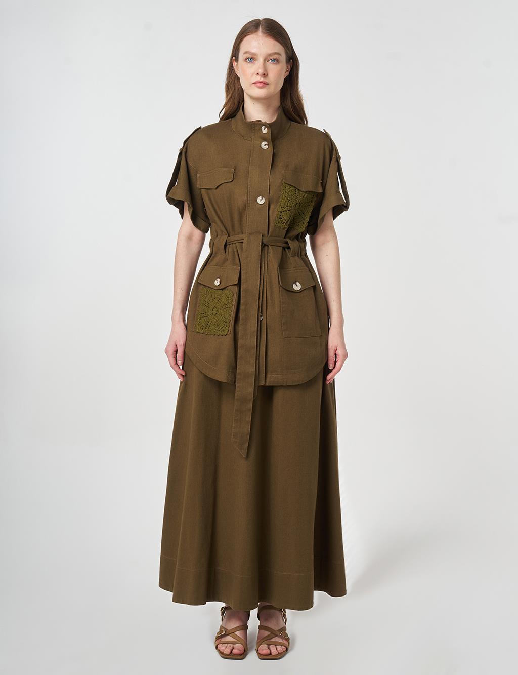 Broderie Trimmed Non-Denim Set Dark Khaki