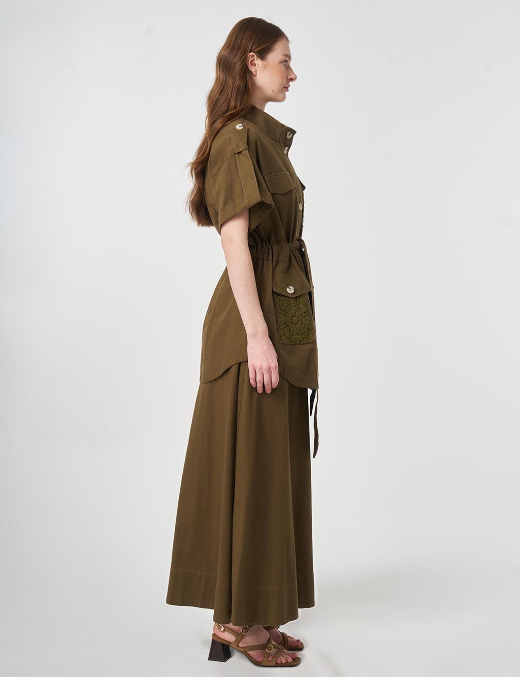 Broderie Trimmed Non-Denim Set Dark Khaki