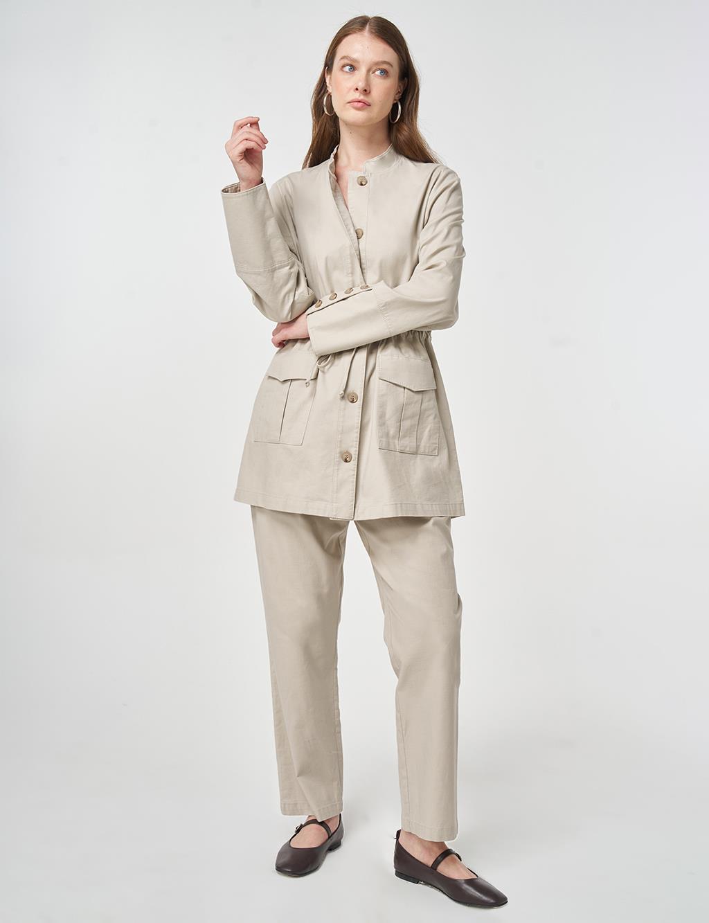 Button-Detail Cotton Two-Piece Set Stone