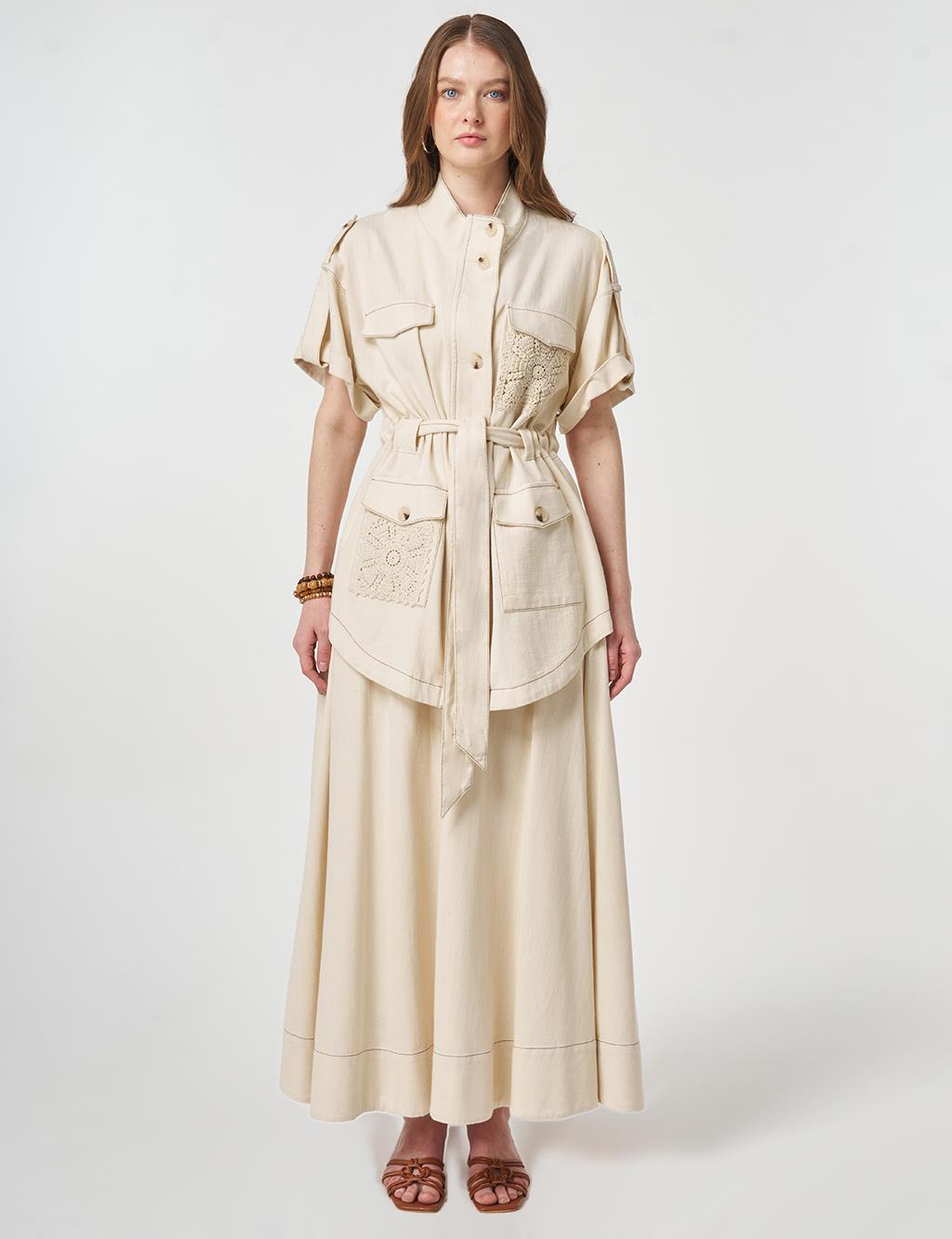 Broderie Trimmed Non-Denim Set Cream