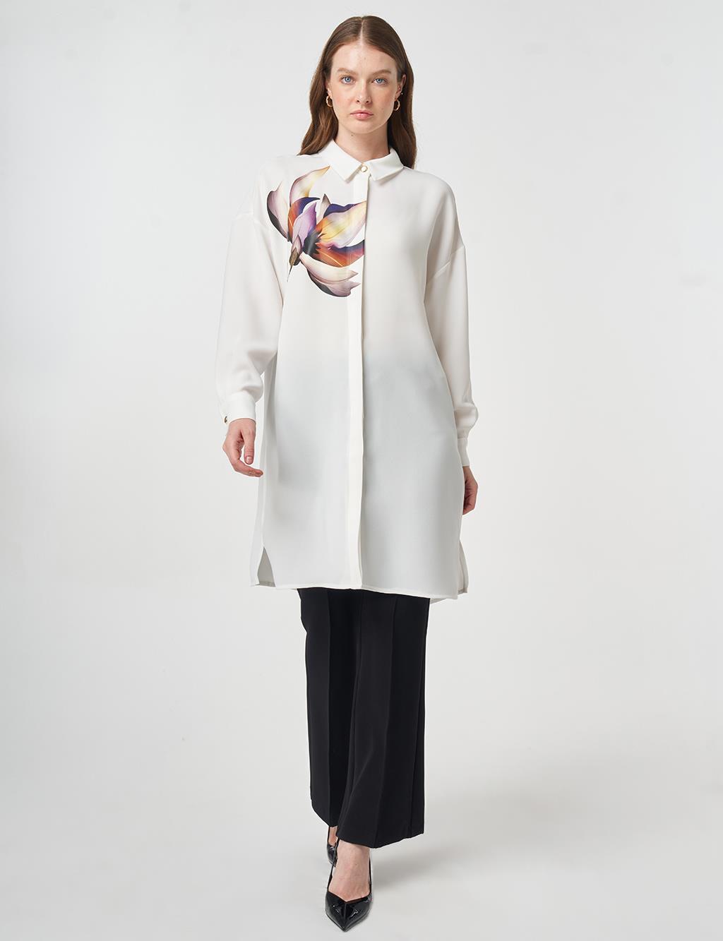 Printed Detail Crepe Tunic Optic White