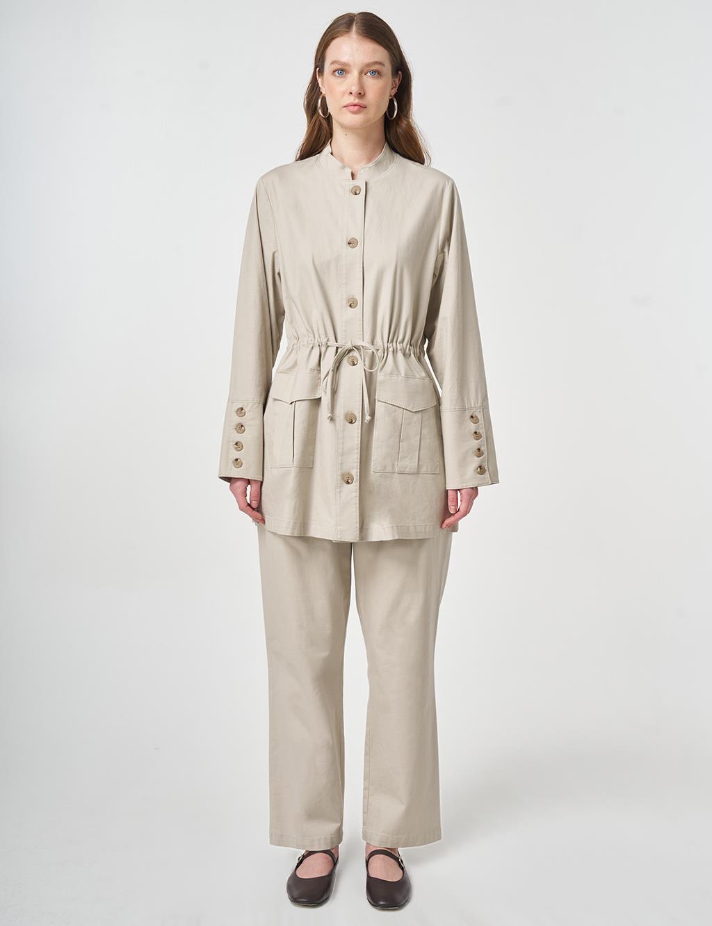 Button-Detail Cotton Two-Piece Set Stone