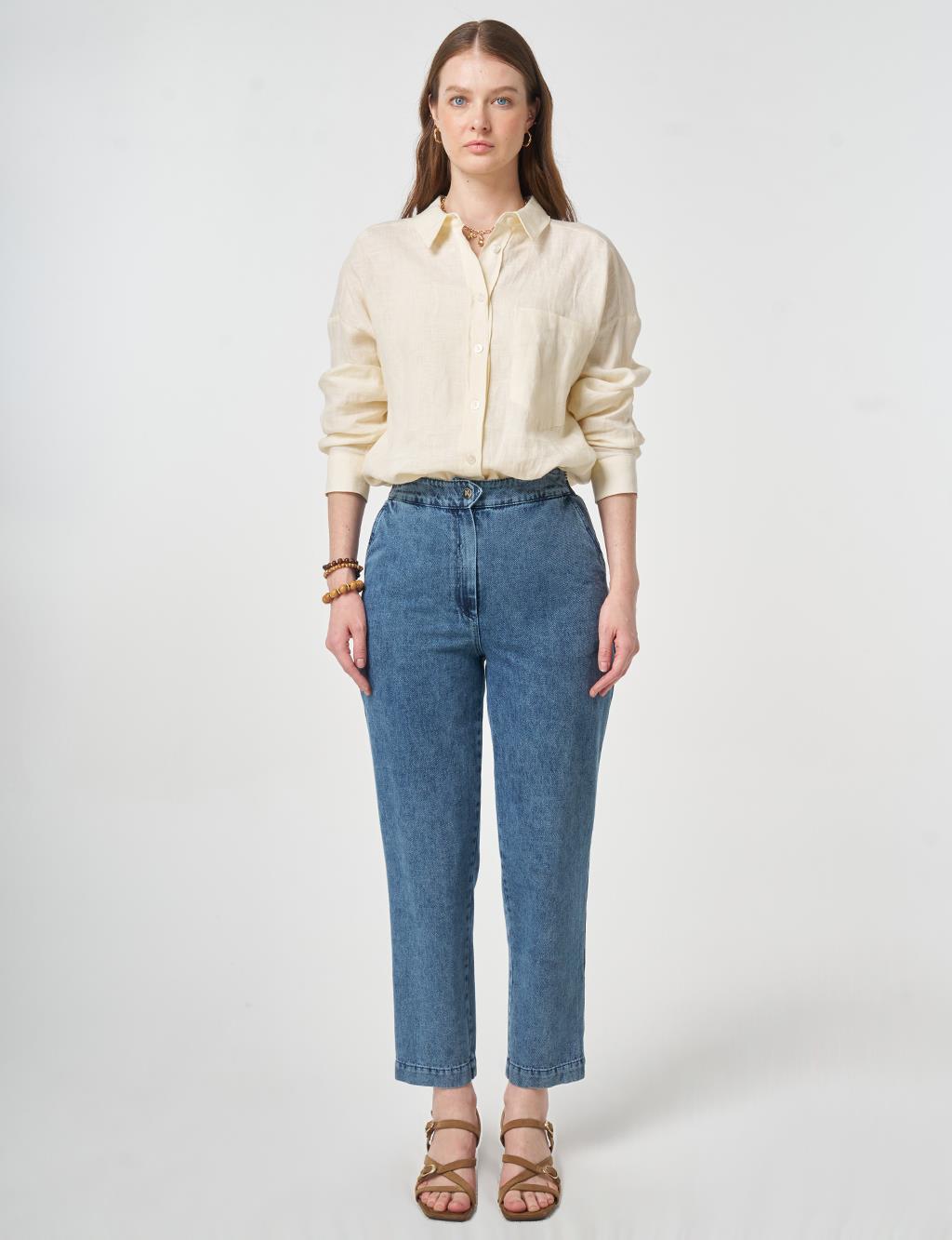 Elastic-Waist Carrot-Fit Denim Trousers Blue 