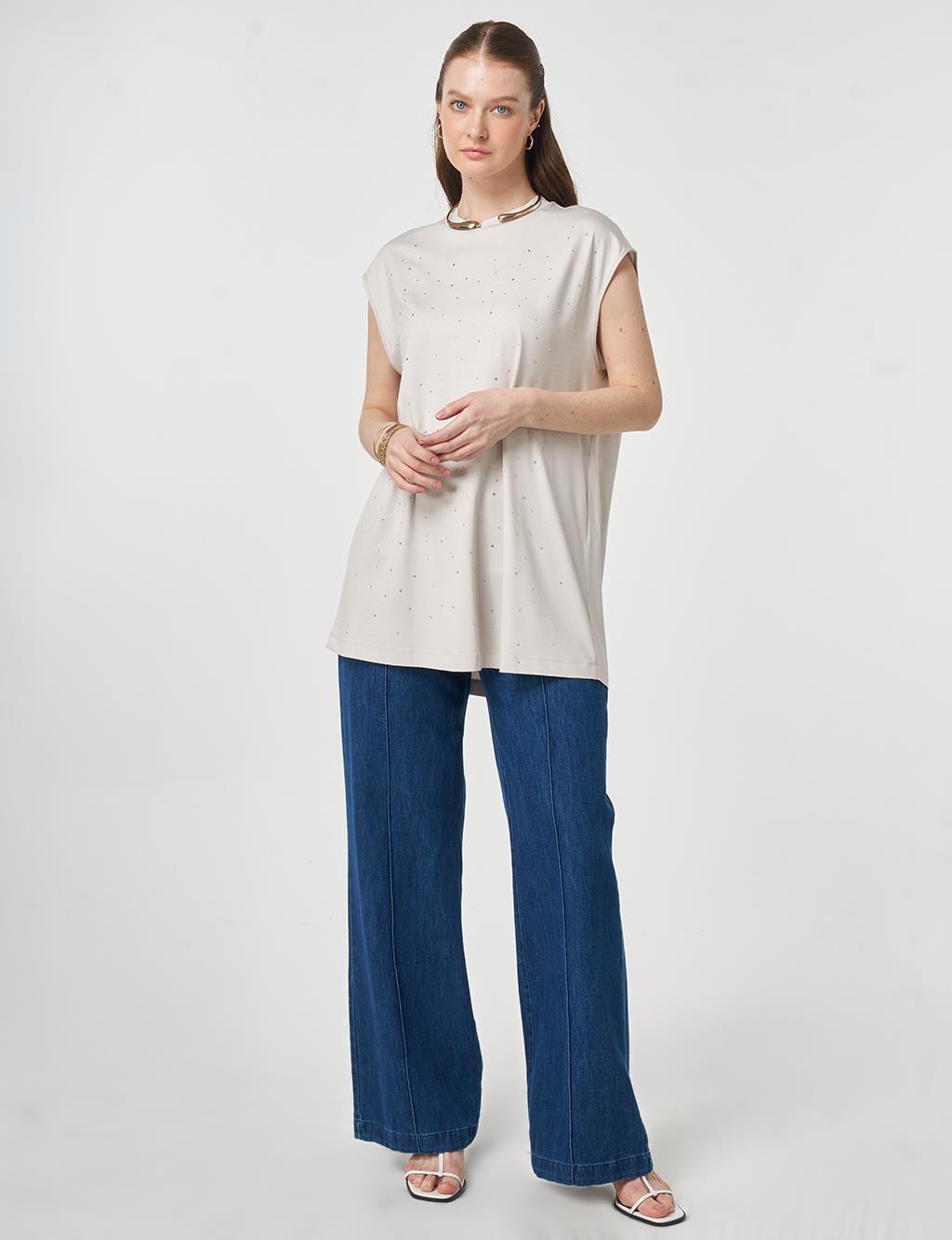 Hotfix Printed Sleeveless Knitted Blouse Light Grey