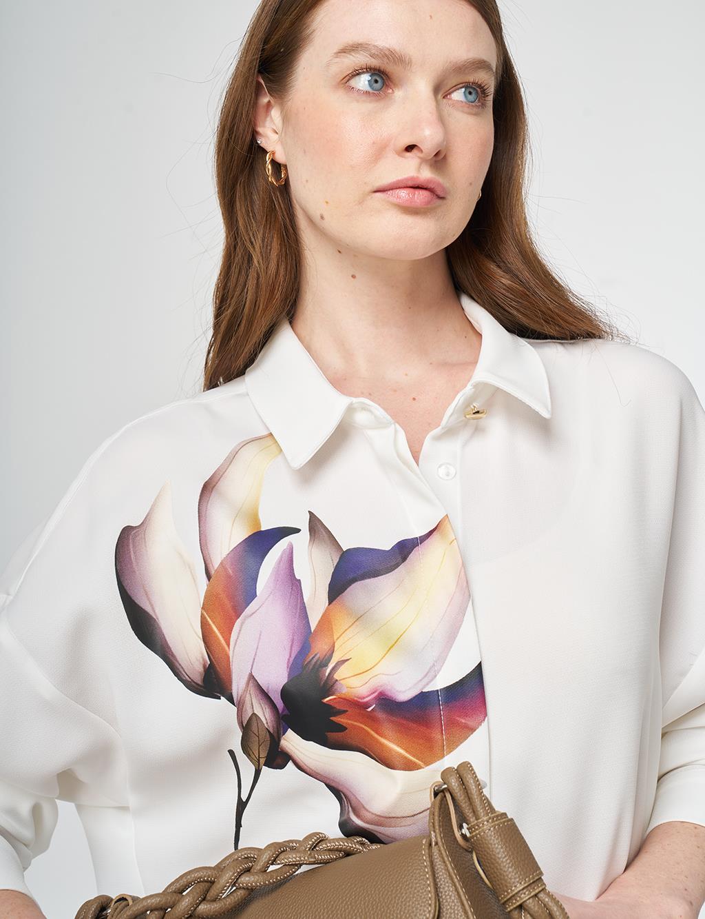 Printed Detail Crepe Tunic Optic White