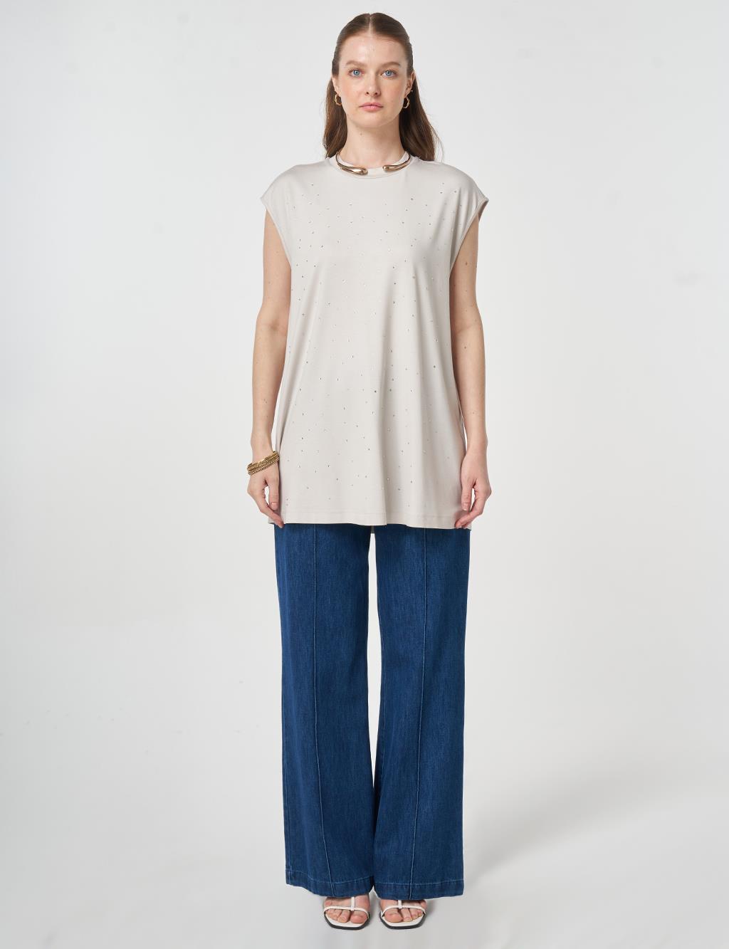 Hotfix Printed Sleeveless Knitted Blouse Light Grey