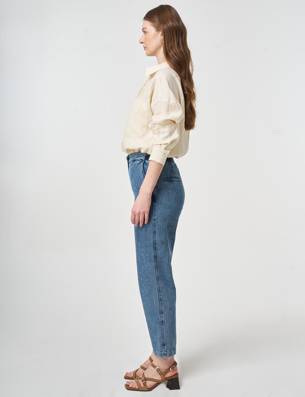 Elastic-Waist Carrot-Fit Denim Trousers Blue 
