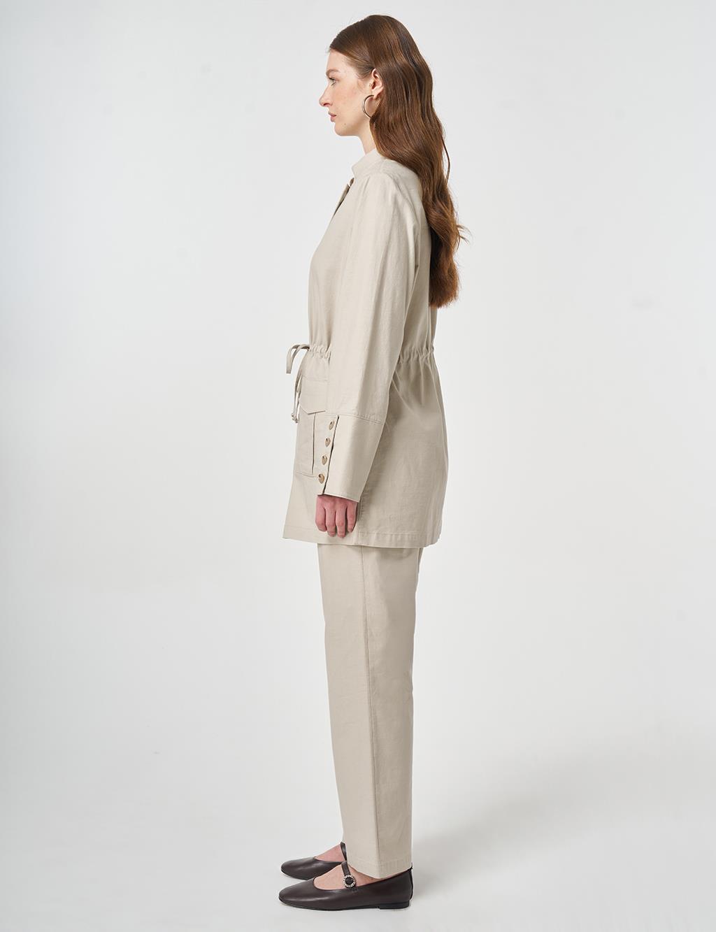 Button-Detail Cotton Two-Piece Set Stone