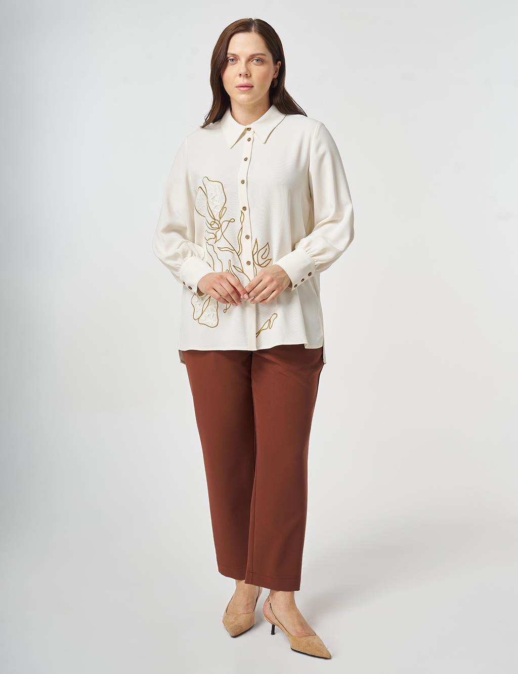 Nakış İşlemeli Krep Tunik Ekru
