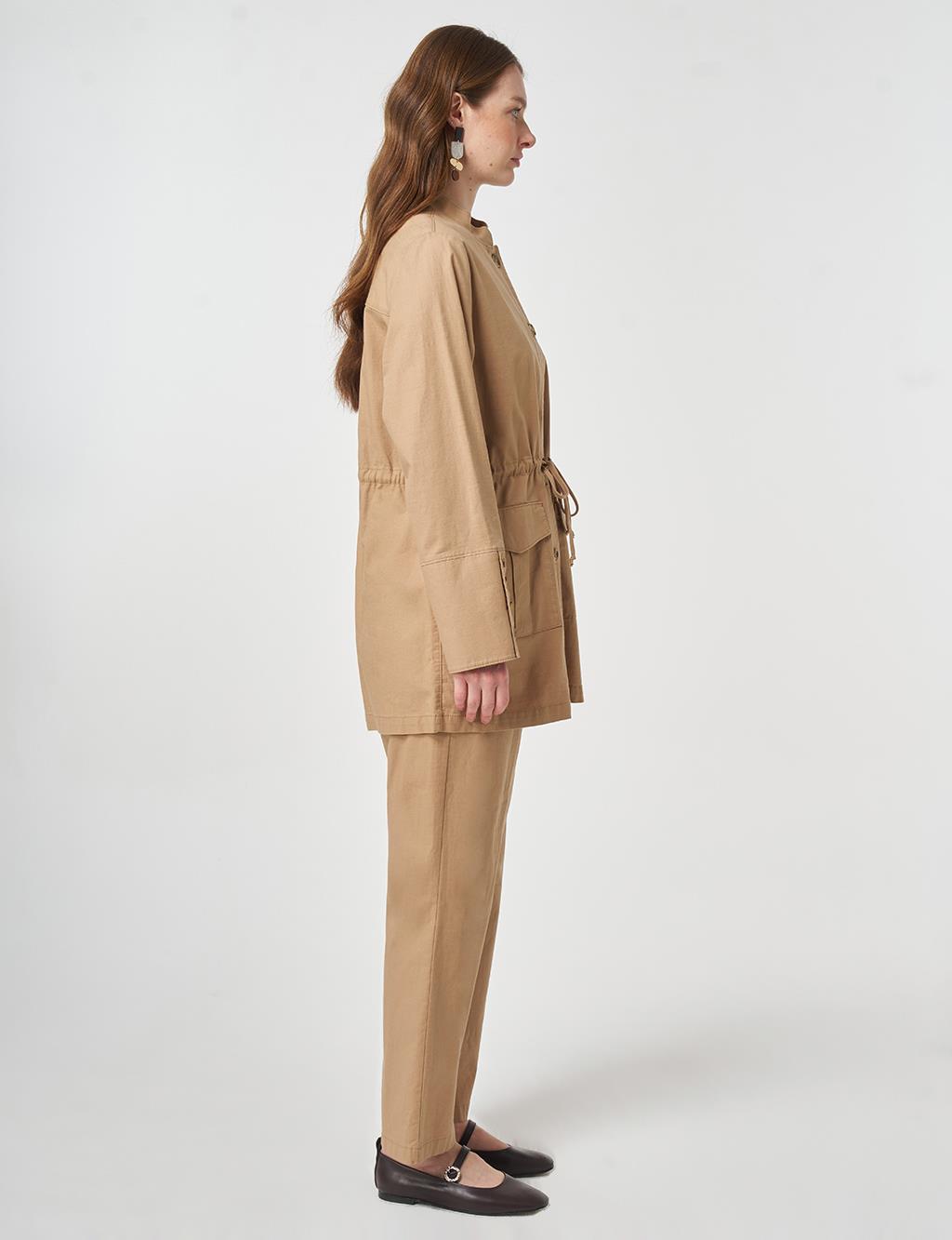 Button-Detail Cotton Two-Piece Set Beige