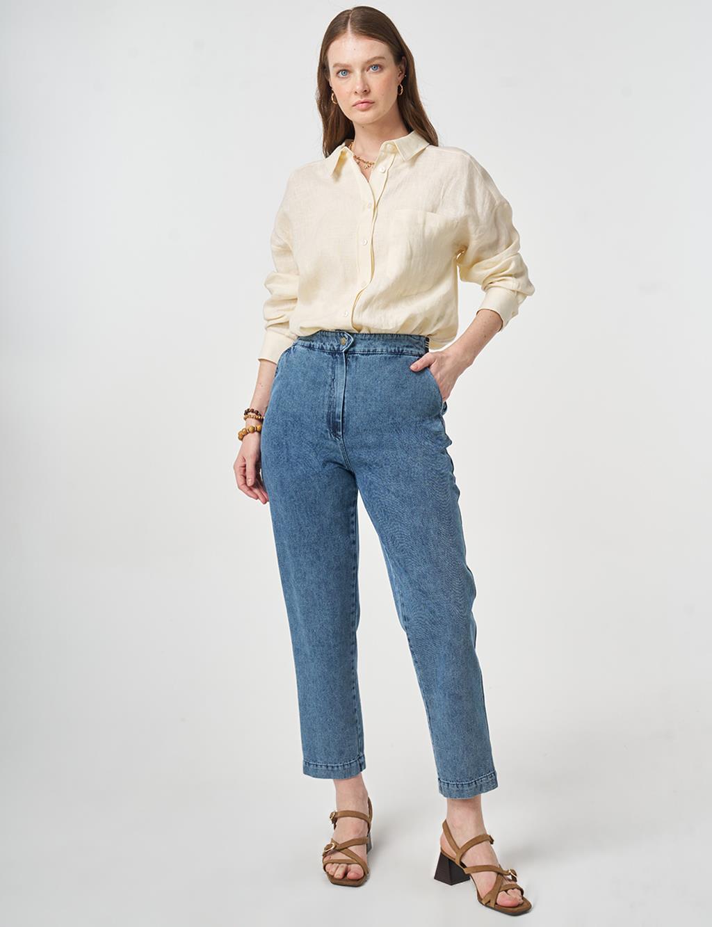 Elastic-Waist Carrot-Fit Denim Trousers Blue 