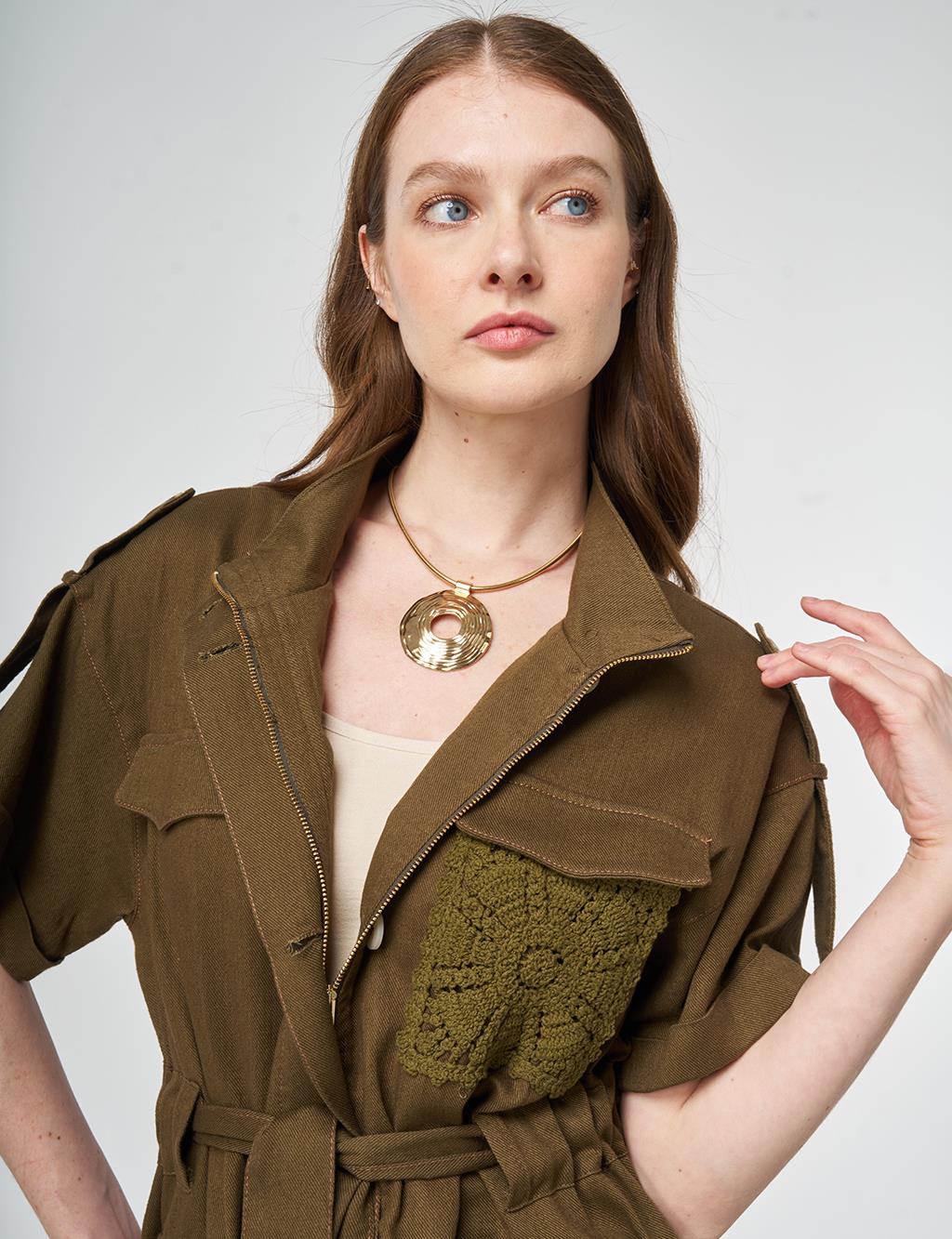 Broderie Trimmed Non-Denim Set Dark Khaki