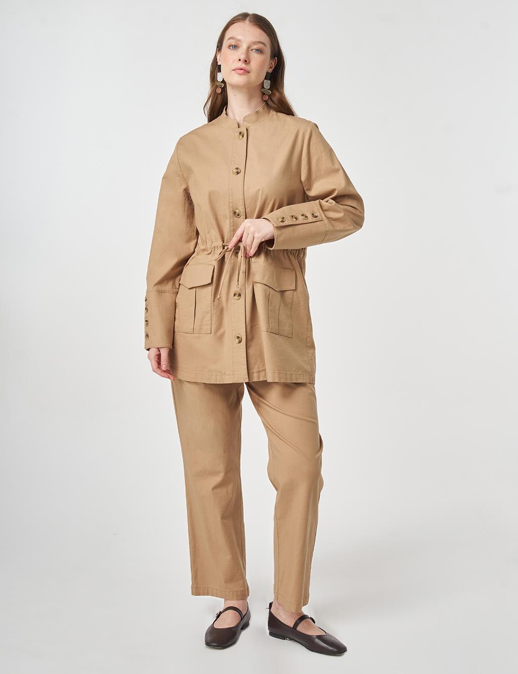 Button-Detail Cotton Two-Piece Set Beige