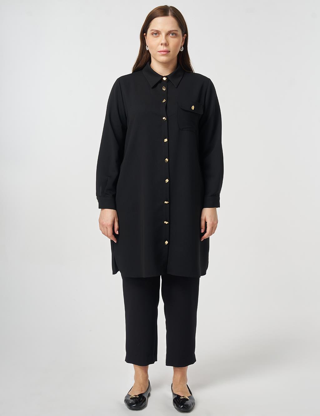 Long Tunic with Gold Buttons Black