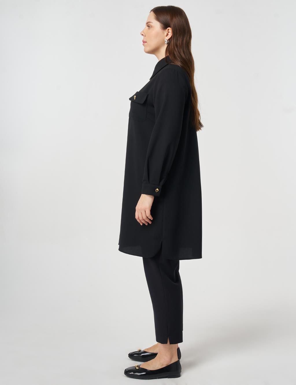 Long Tunic with Gold Buttons Black