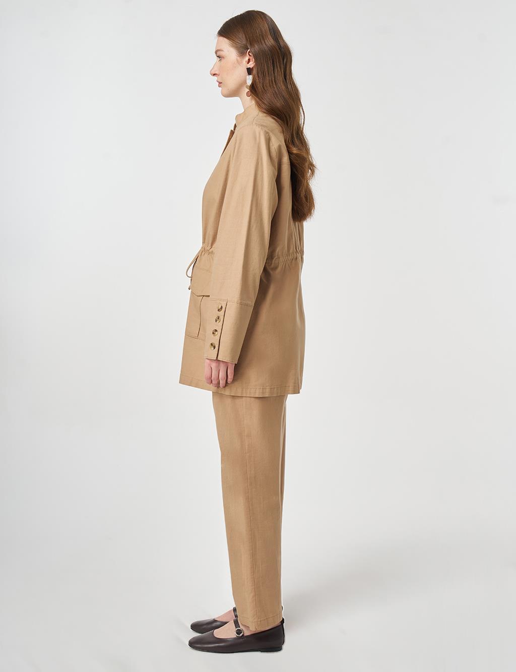 Button-Detail Cotton Two-Piece Set Beige