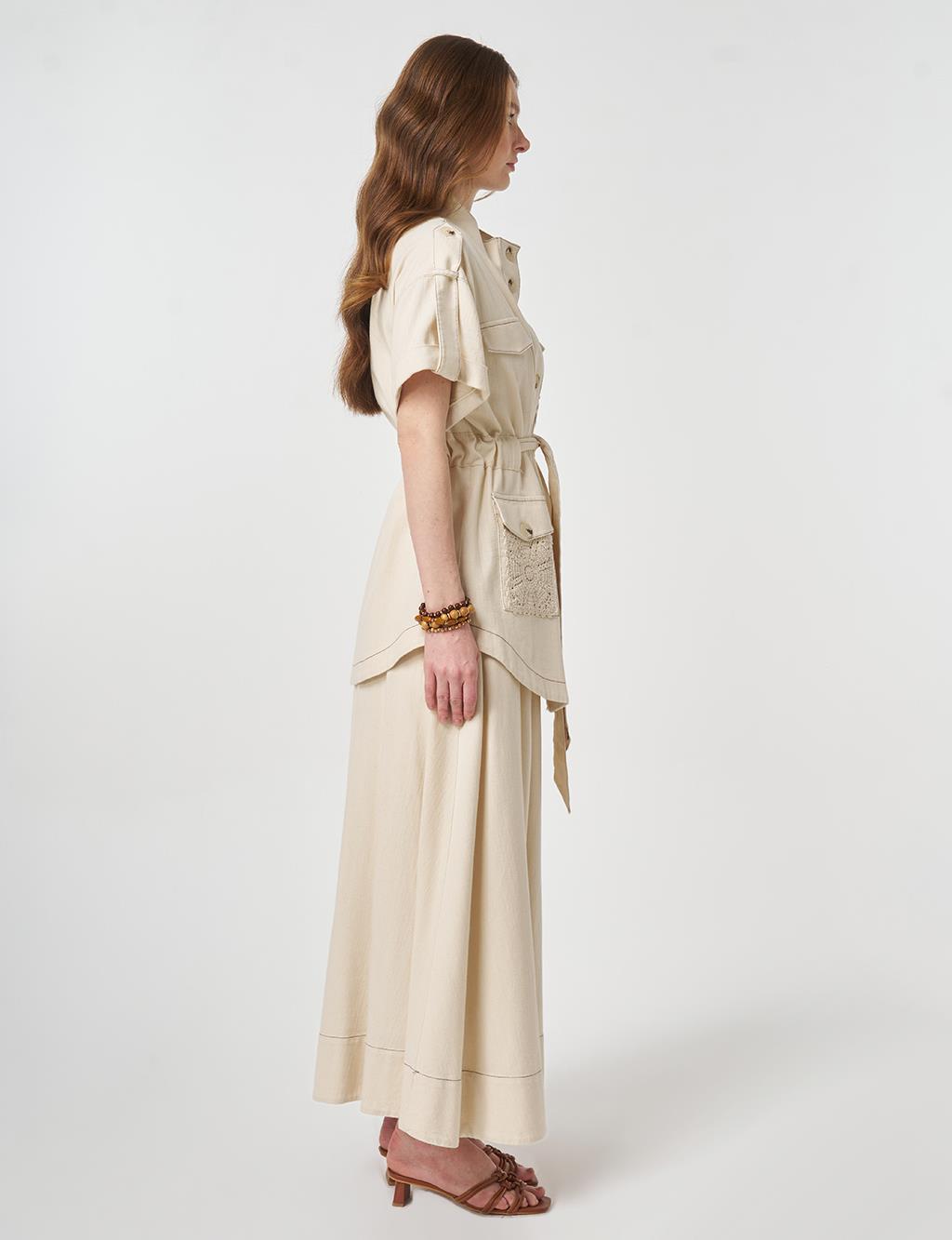 Broderie Trimmed Non-Denim Set Cream