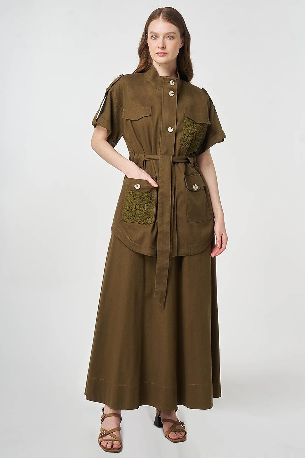 Broderie Trimmed Non-Denim Set Dark Khaki
