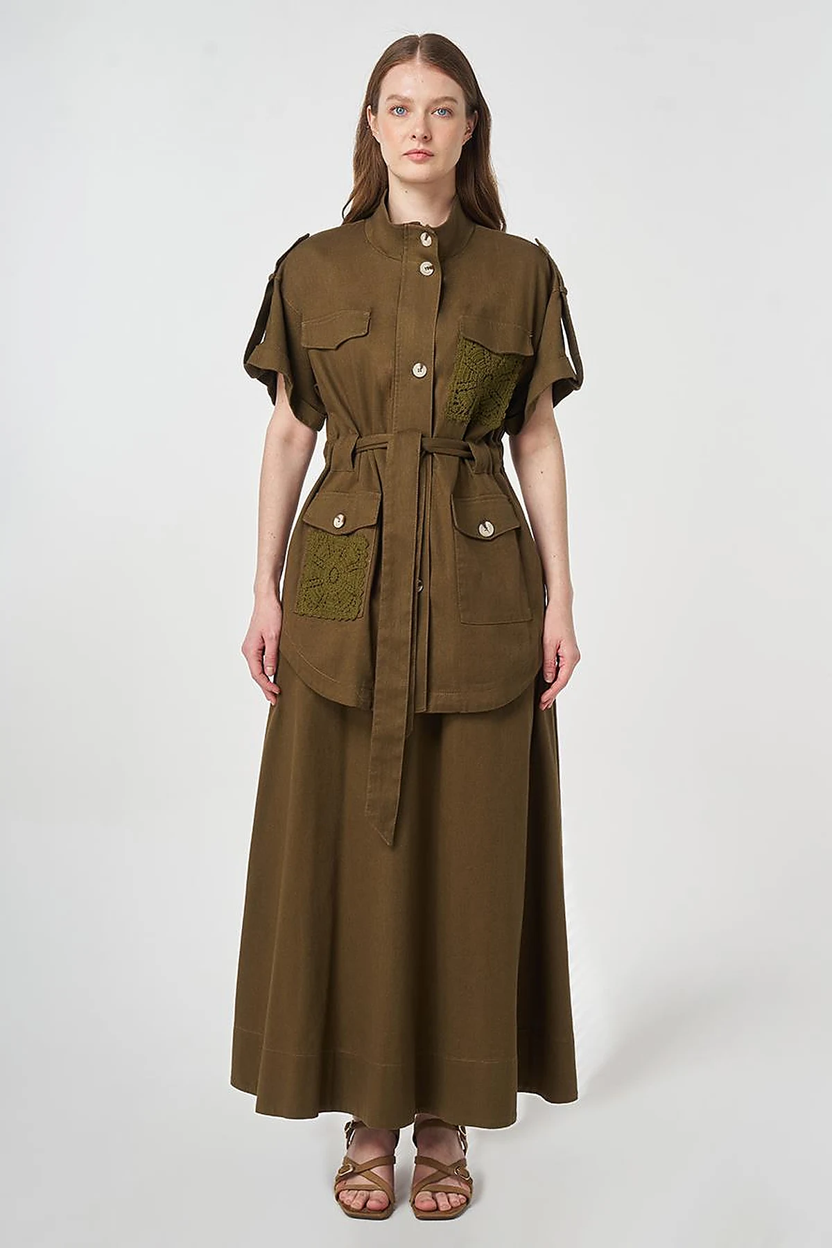 Broderie Trimmed Non-Denim Set Dark Khaki